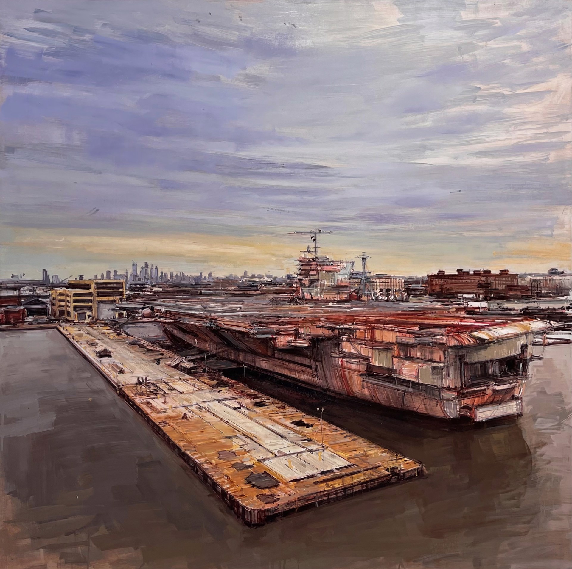 A painting of an aircraft carrier docked at a dock.