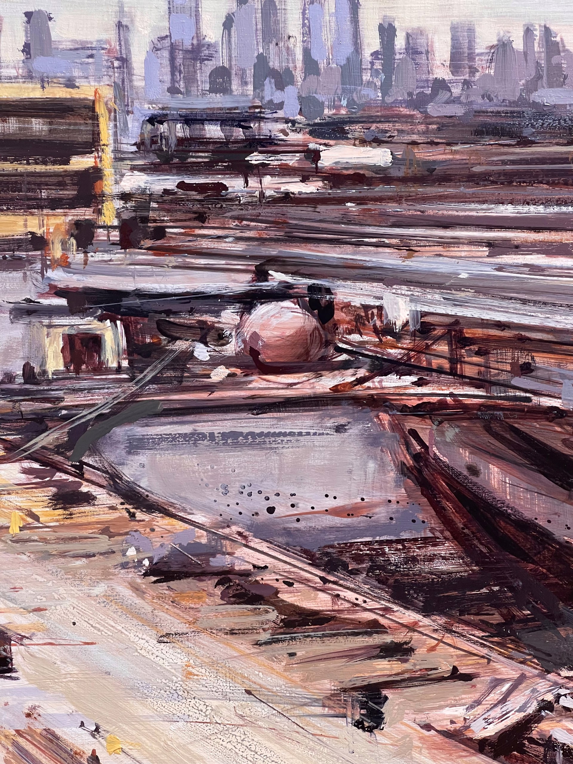 A painting of an aircraft carrier docked at a dock.