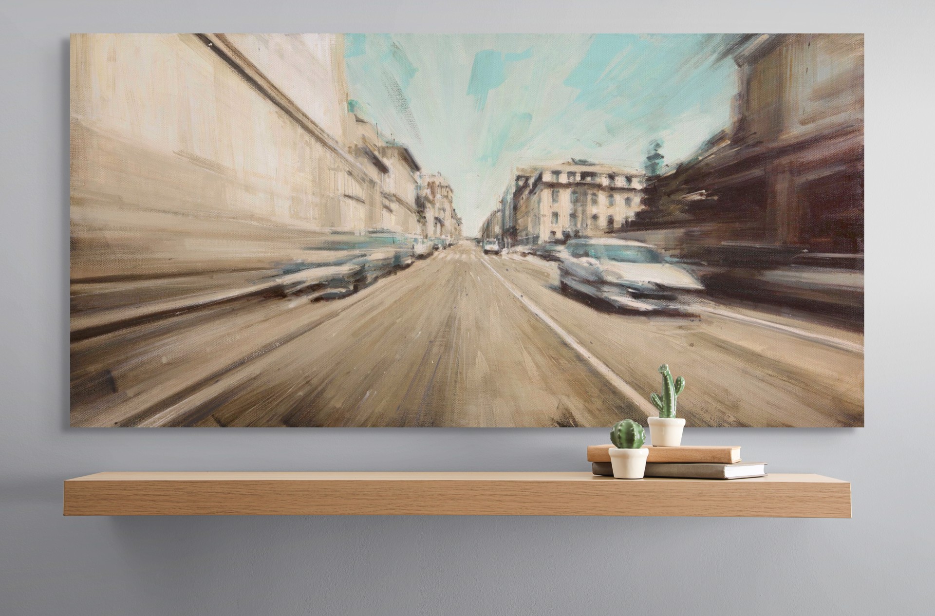 A painting of a city street with cars driving down it.