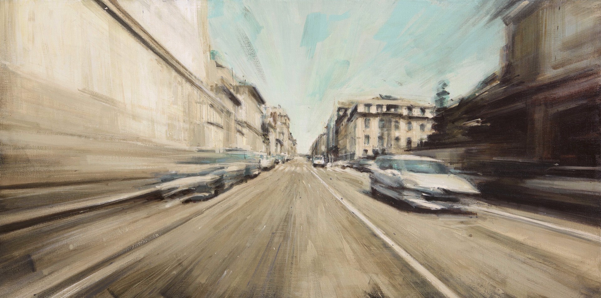 A painting of a city street with cars driving down it.