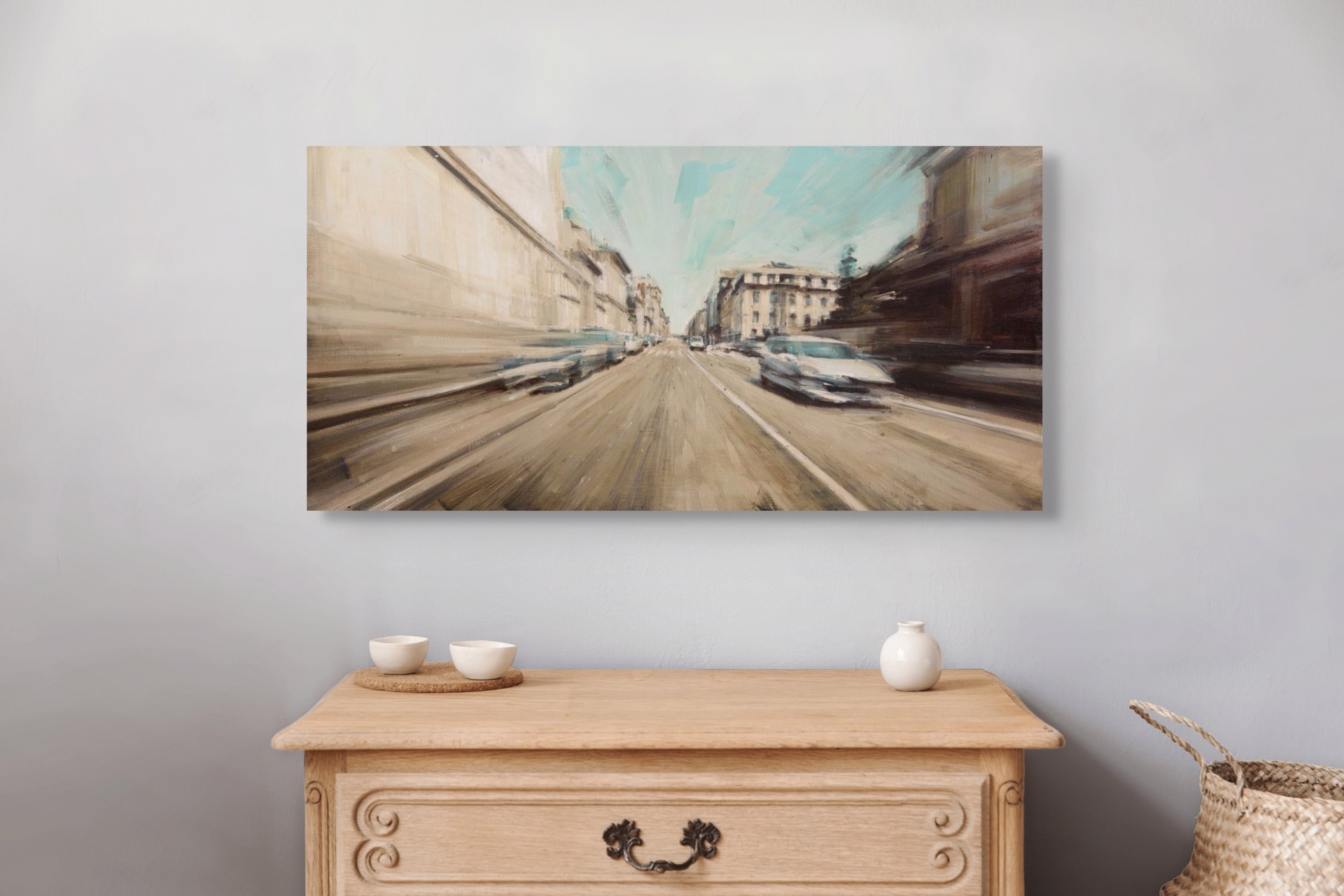 A painting of a city street with cars driving down it.
