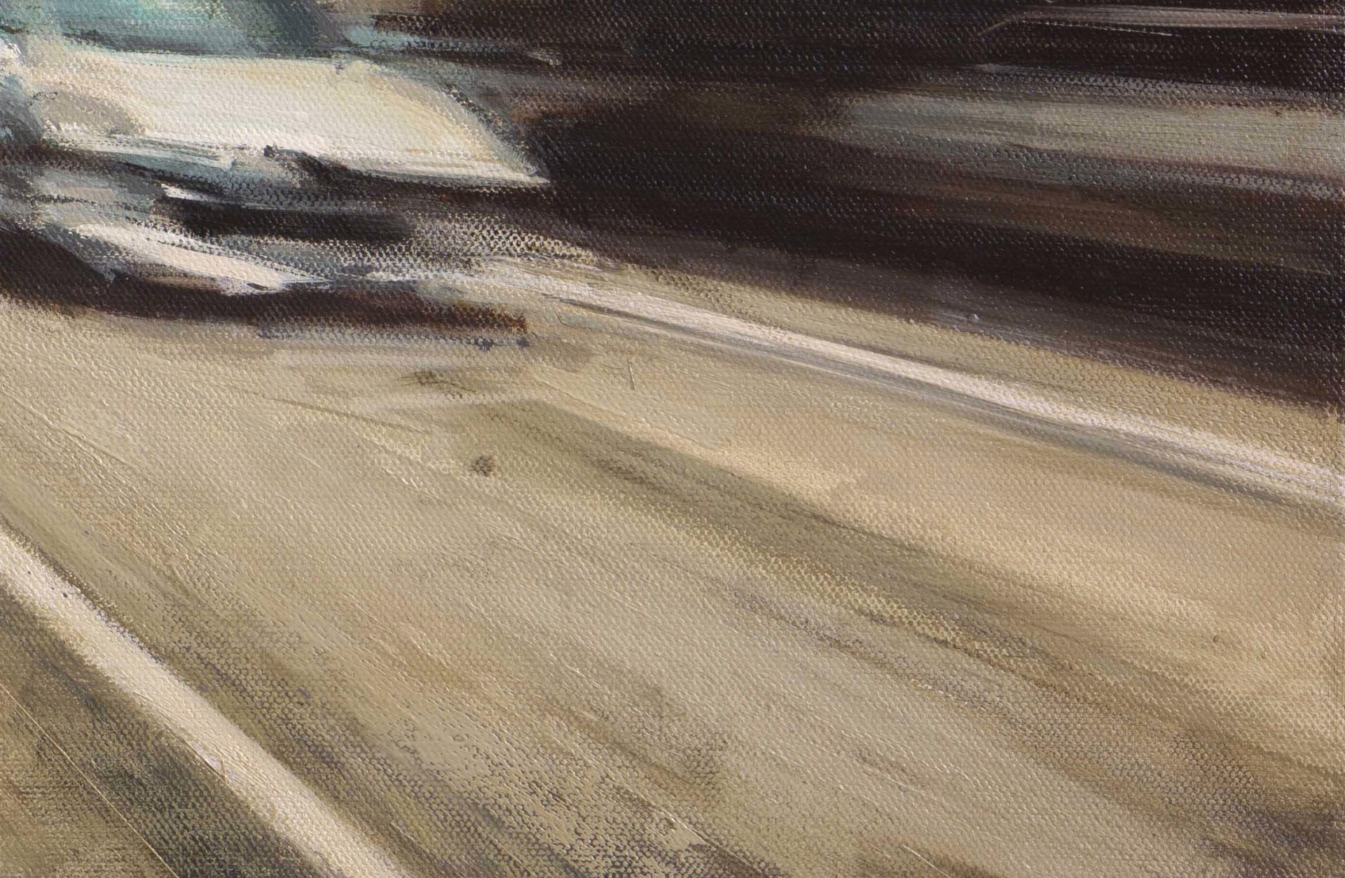 A painting of a city street with cars driving down it.