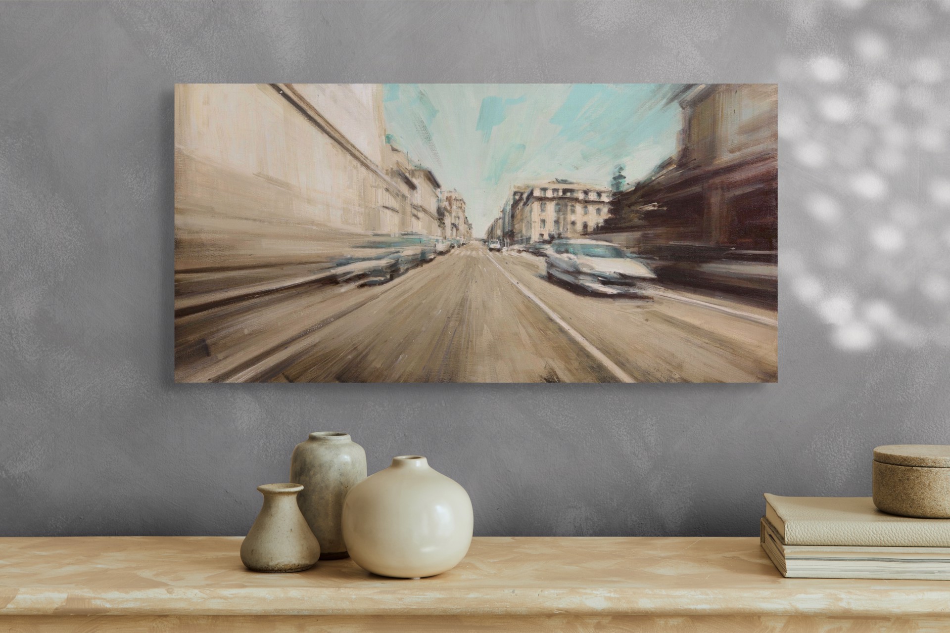A painting of a city street with cars driving down it.