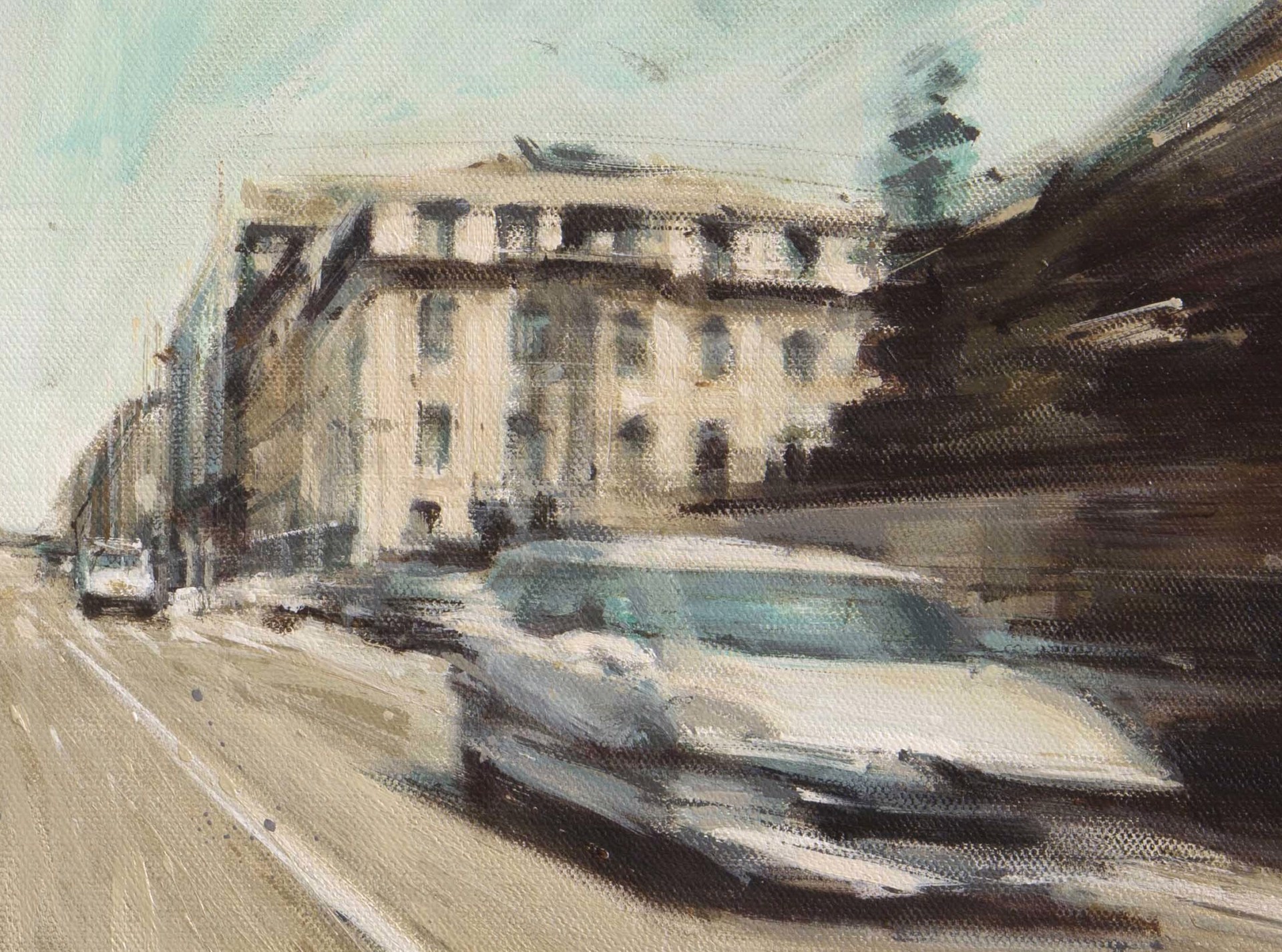 A painting of a city street with cars driving down it.