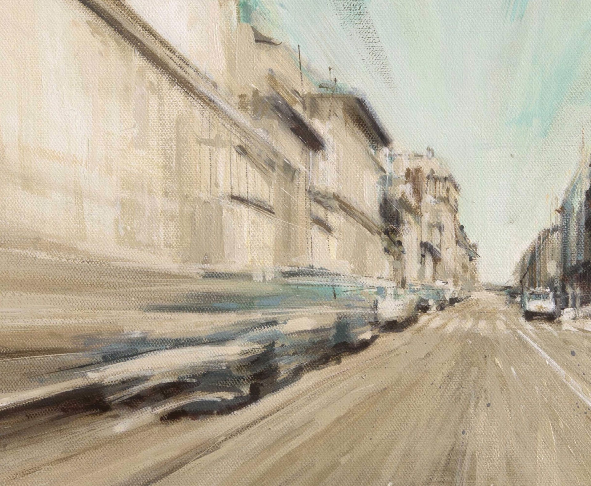 A painting of a city street with cars driving down it.