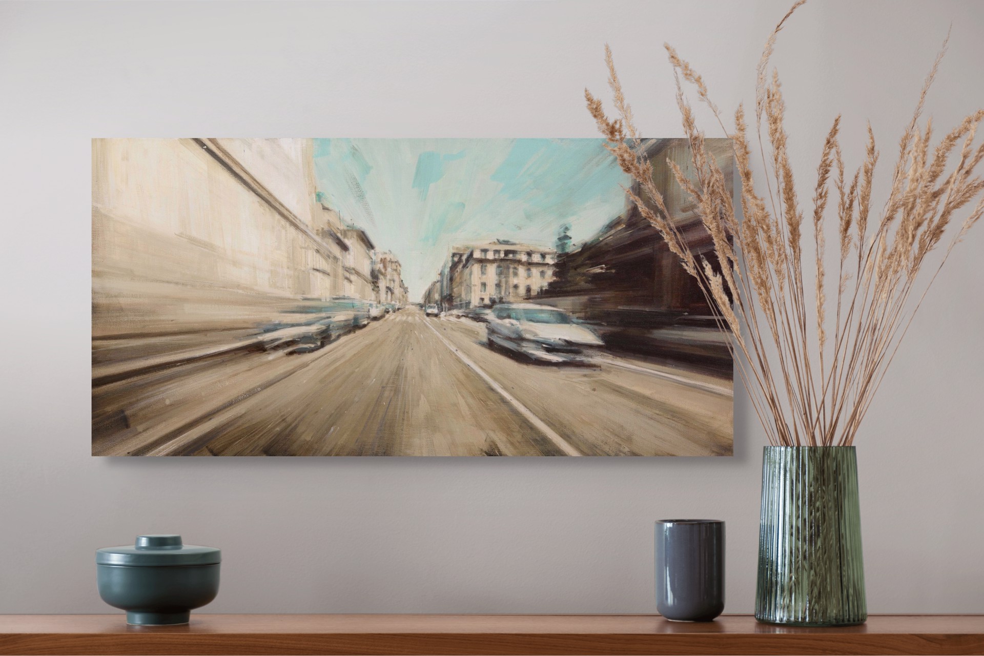 A painting of a city street with cars driving down it.