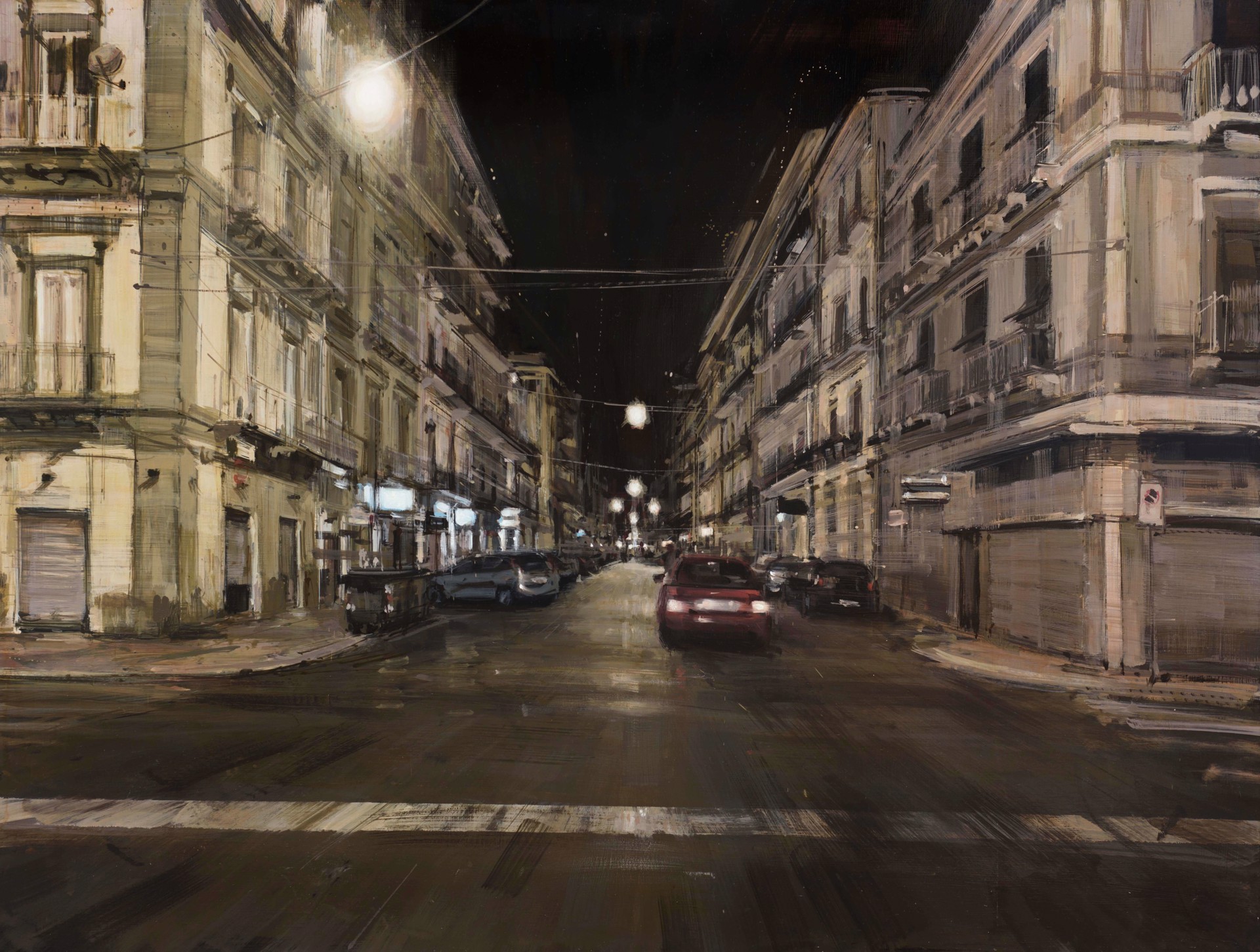 A painting of a city street at night with cars parked on the side of the road.