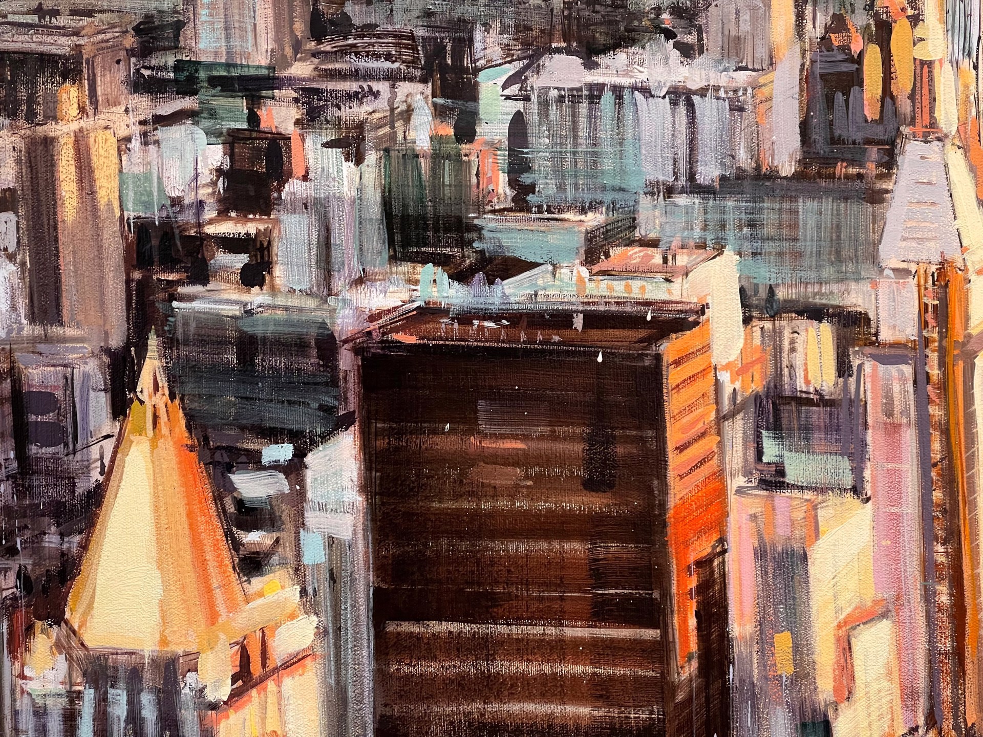 A painting of a cityscape with a sunset in the background.