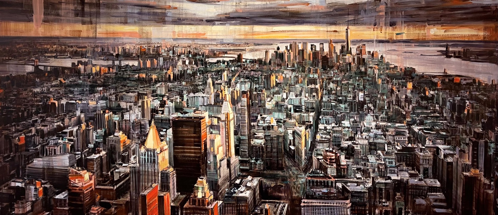 A painting of a cityscape with a sunset in the background.