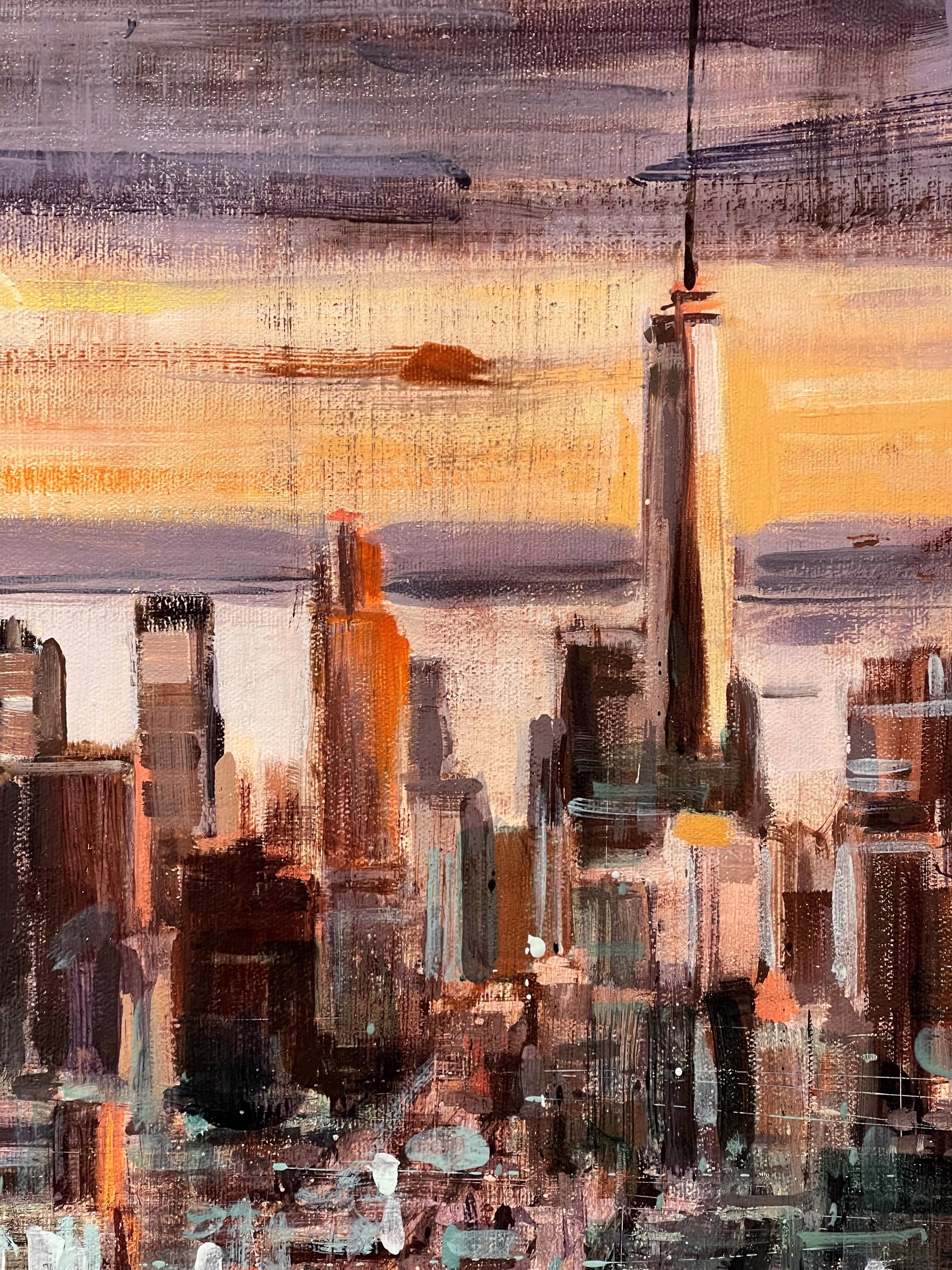 A painting of a cityscape with a sunset in the background.