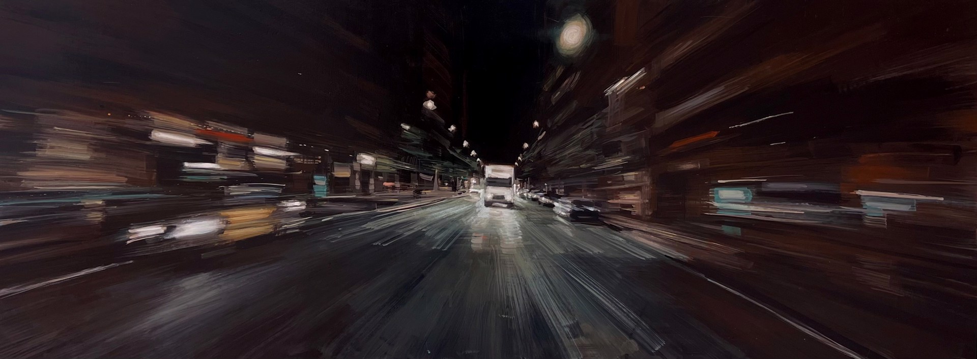 A painting of a city street at night with cars driving down it.
