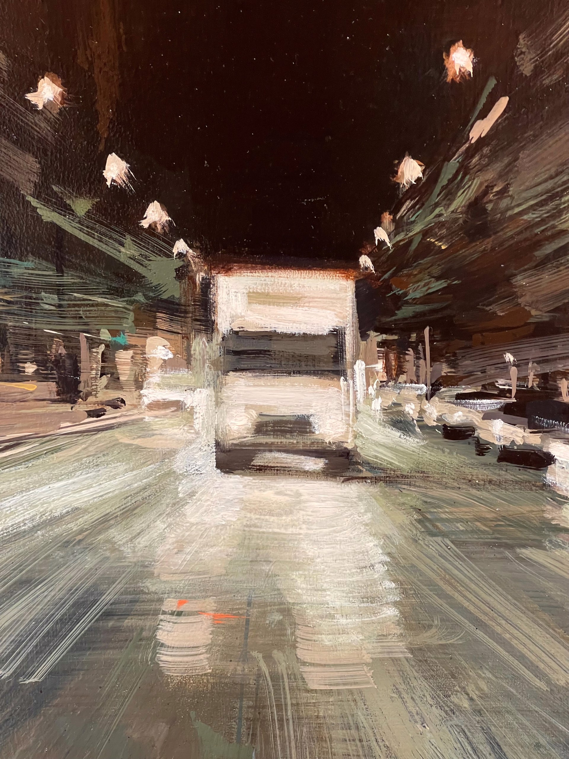 A painting of a city street at night with cars driving down it.