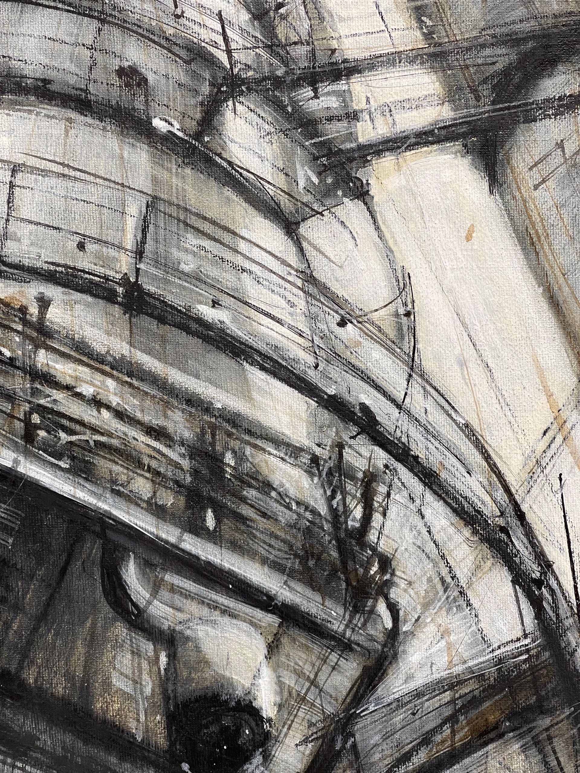 A gritty charcoal study of towering industrial machinery against a textured background.