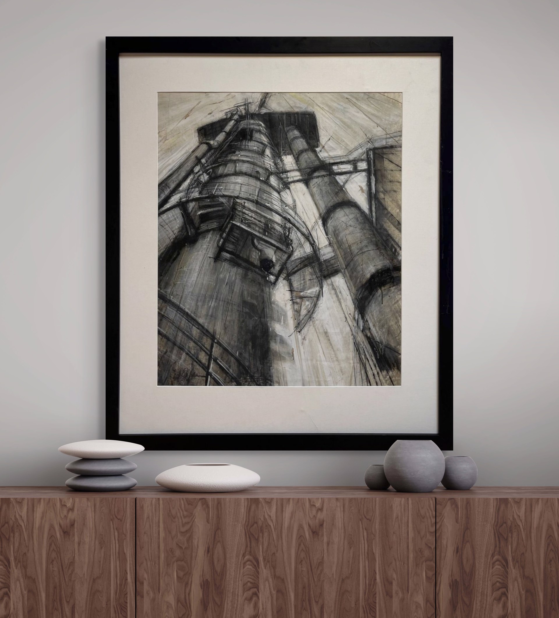 A gritty charcoal study of towering industrial machinery against a textured background.