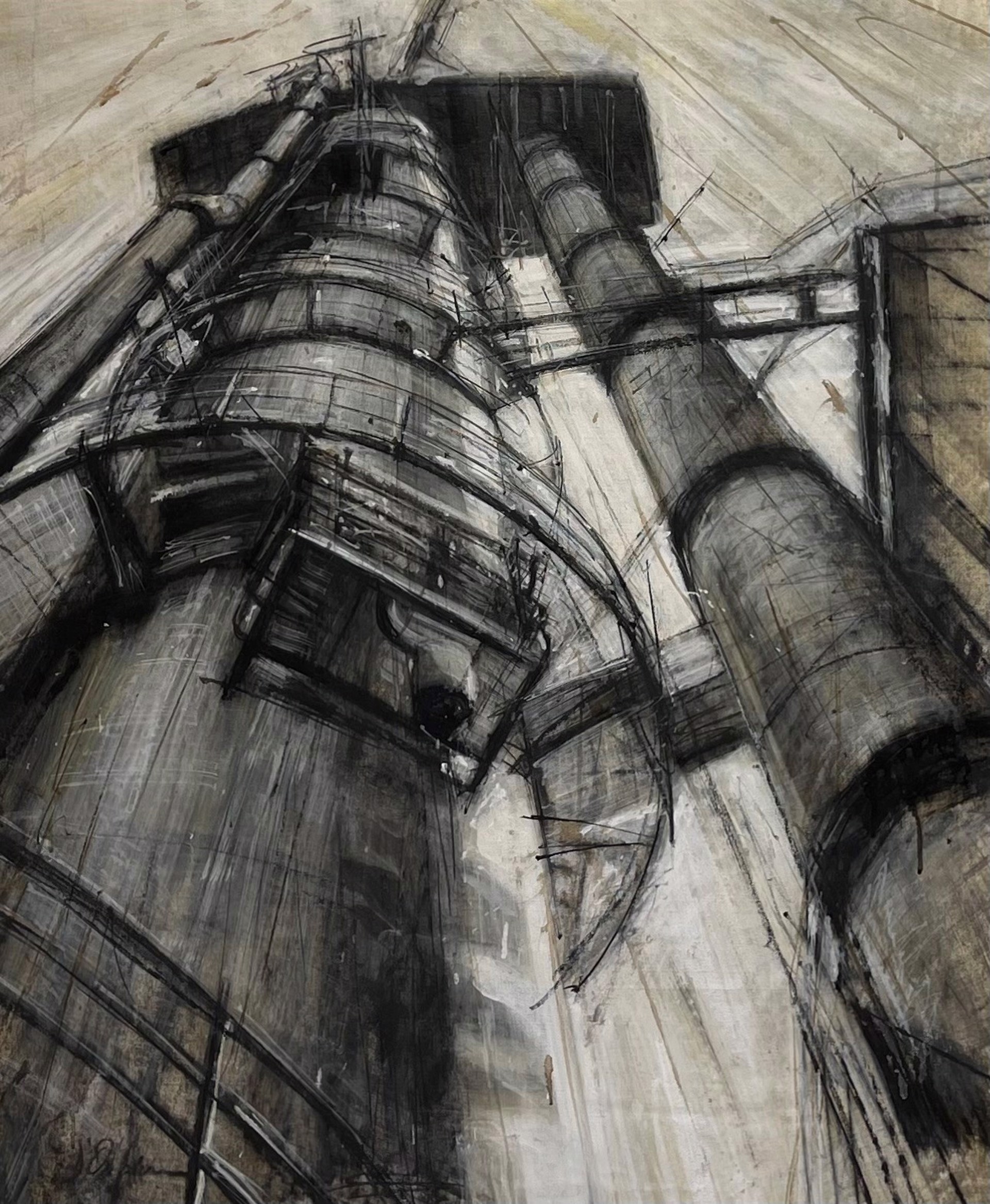 A gritty charcoal study of towering industrial machinery against a textured background.