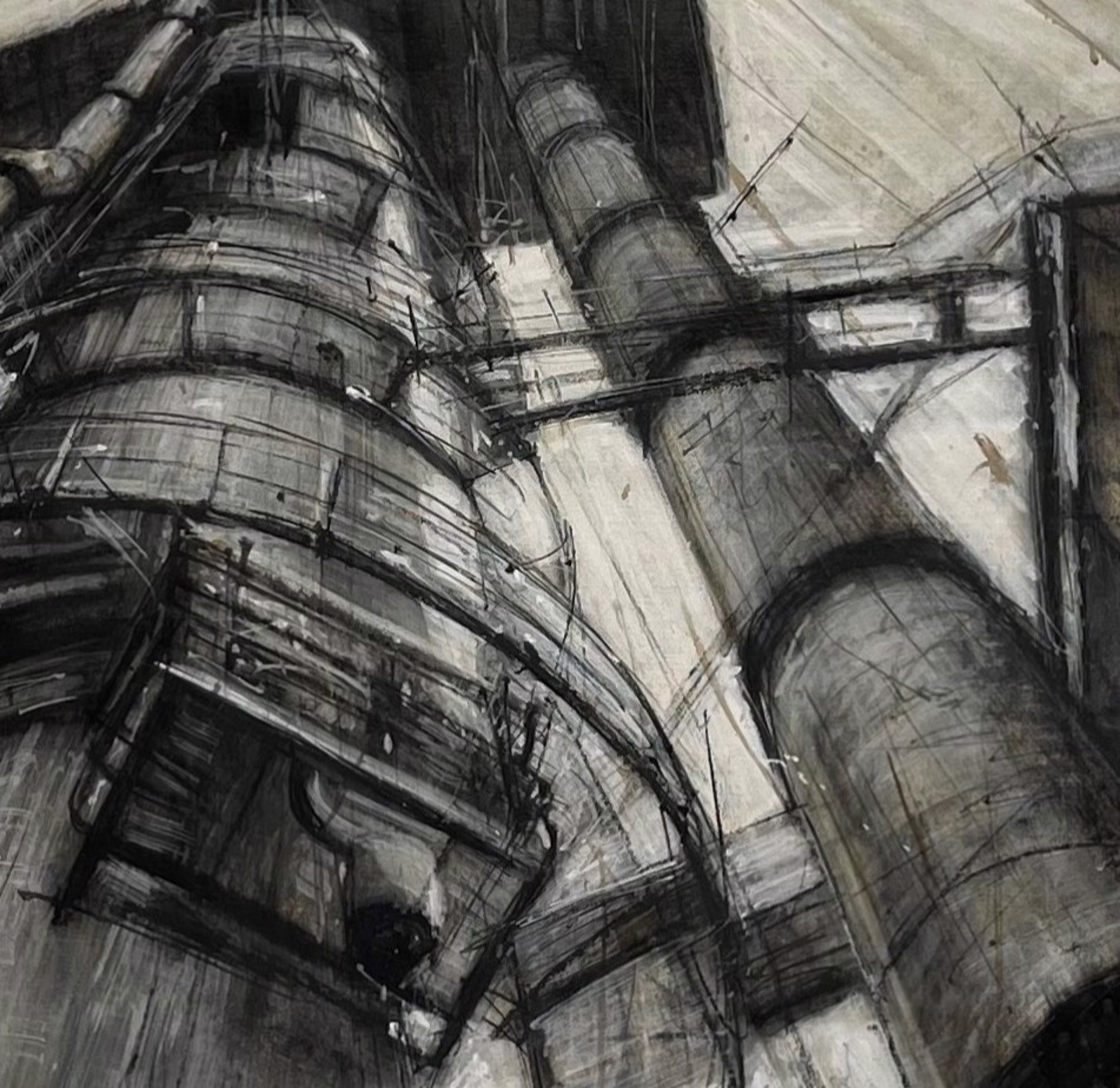 A gritty charcoal study of towering industrial machinery against a textured background.