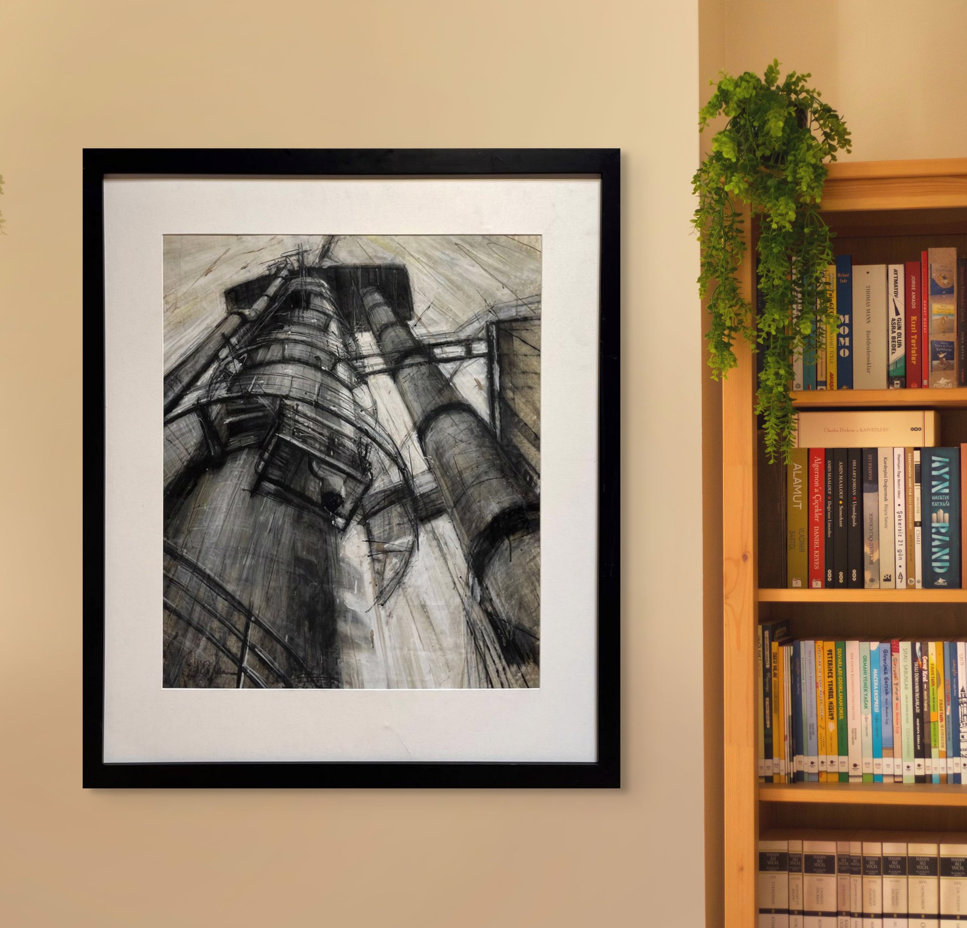 A gritty charcoal study of towering industrial machinery against a textured background.