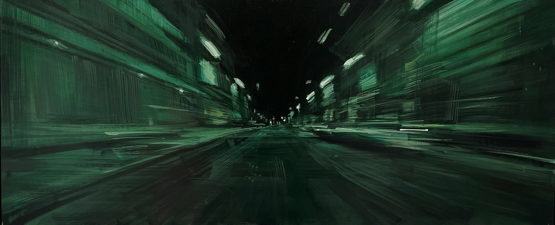 A first-person perspective of a rapid journey through a dark, green-lit urban corridor.