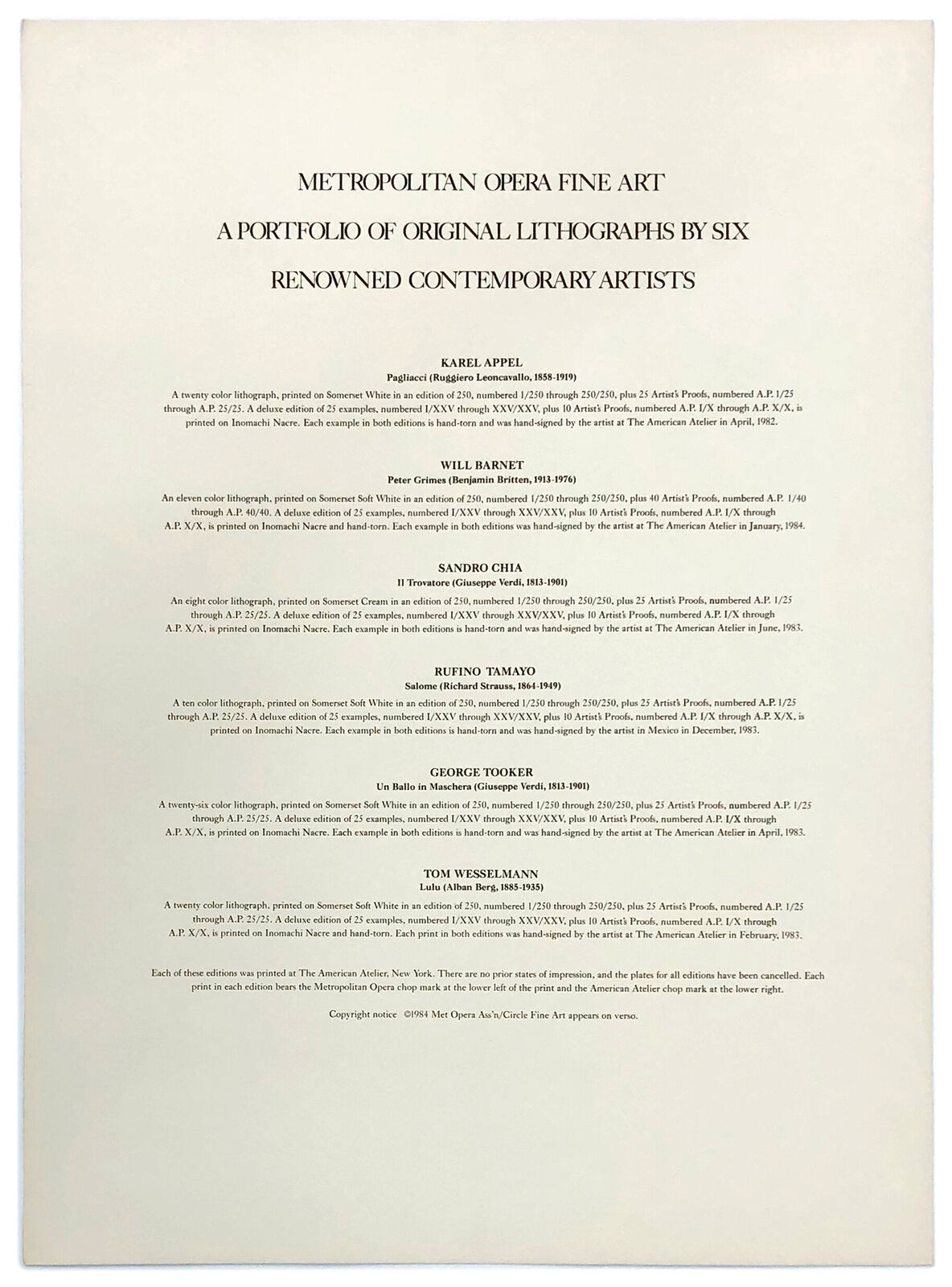 Artwork by Various Artists, Metropolitan Opera Fine Art II Portfolio , Made of Lithograph 