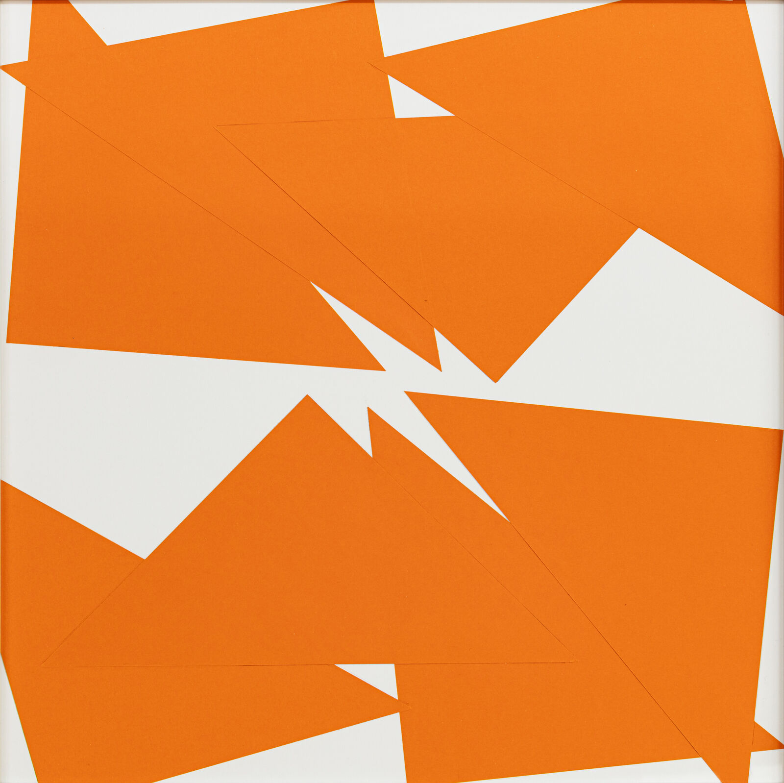 An orange and white abstract painting on a white wall.
