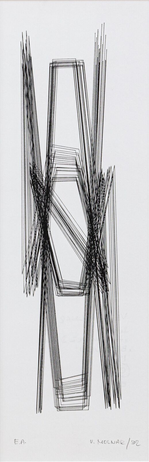 A vertical abstract drawing composed of dense black lines forming a central geometric shape on white paper.