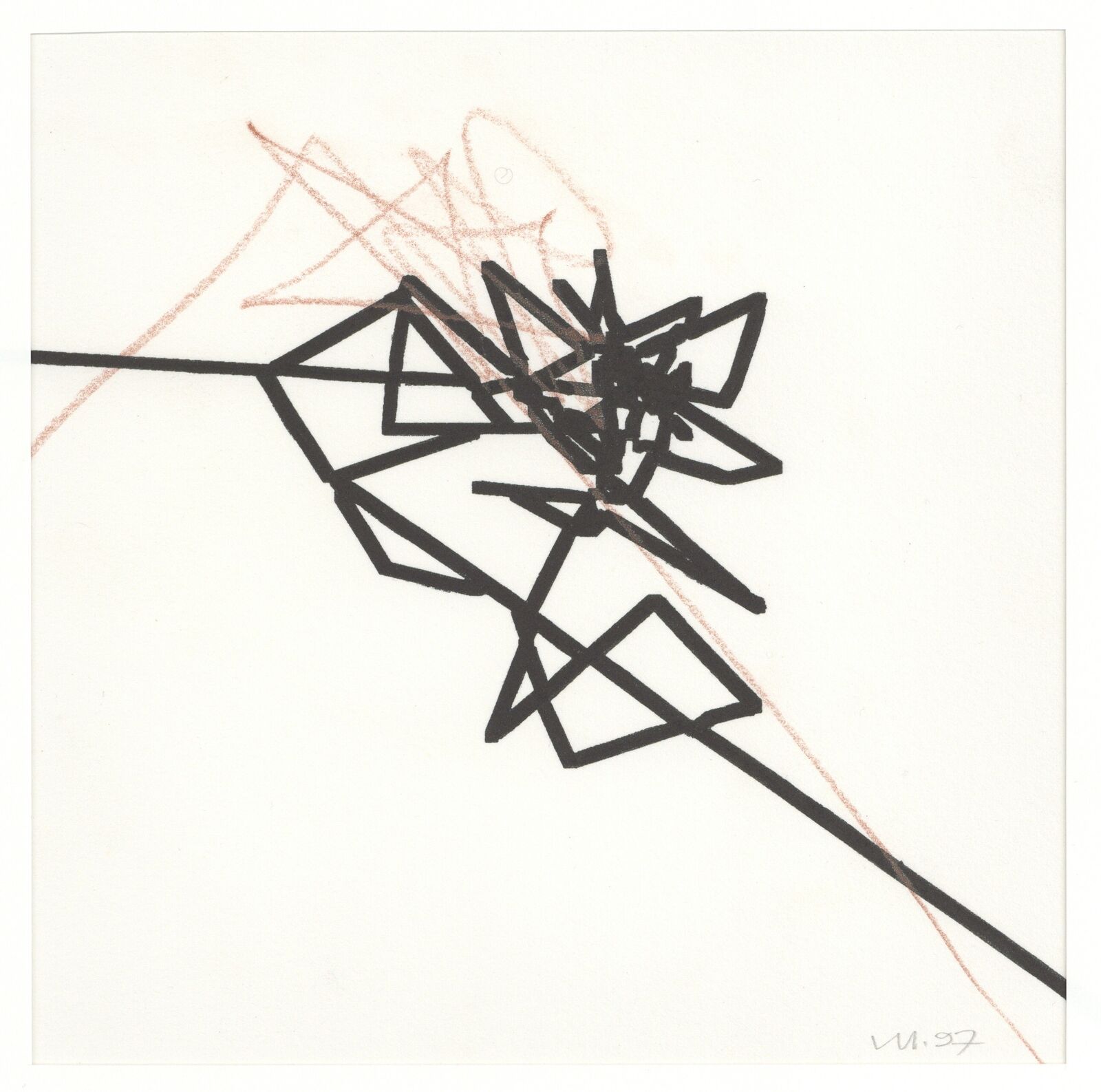 A black and white drawing of a flower on a white background.