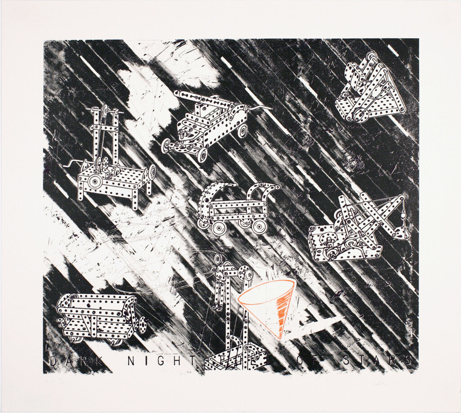 A monochromatic print featuring a collection of mechanical toy vehicles scattered across a diagonally streaked background.