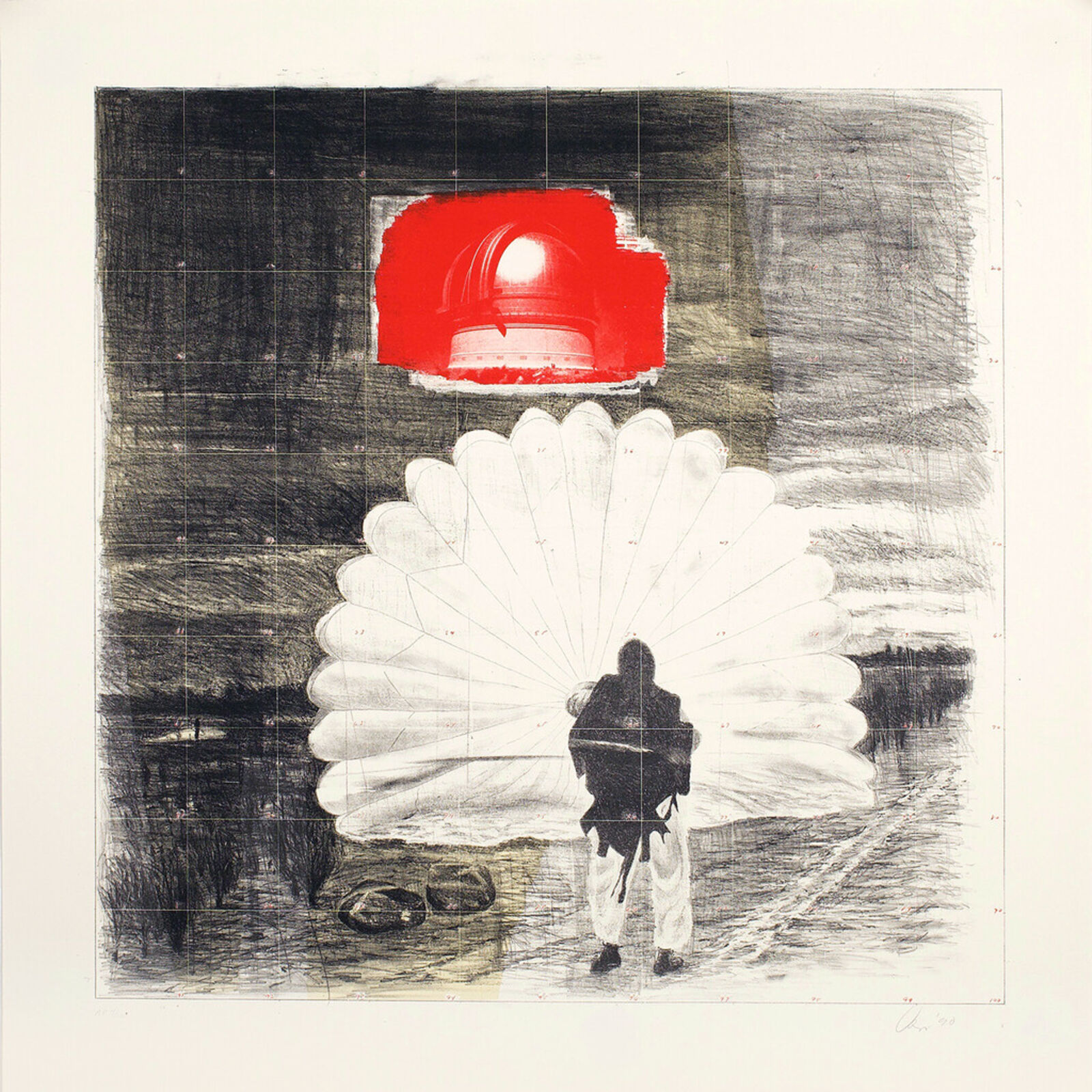 A figure stands before a large white parachute with a red helmet hovering above against a dark, textured background.