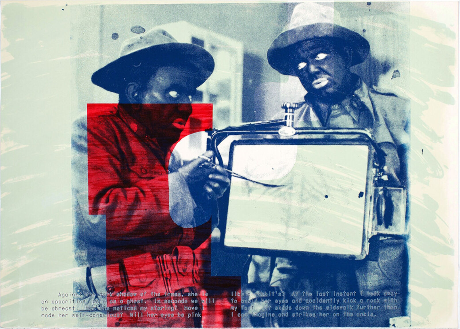 A surreal, multi-layered print featuring two figures in hats and a metallic box against a textured background.