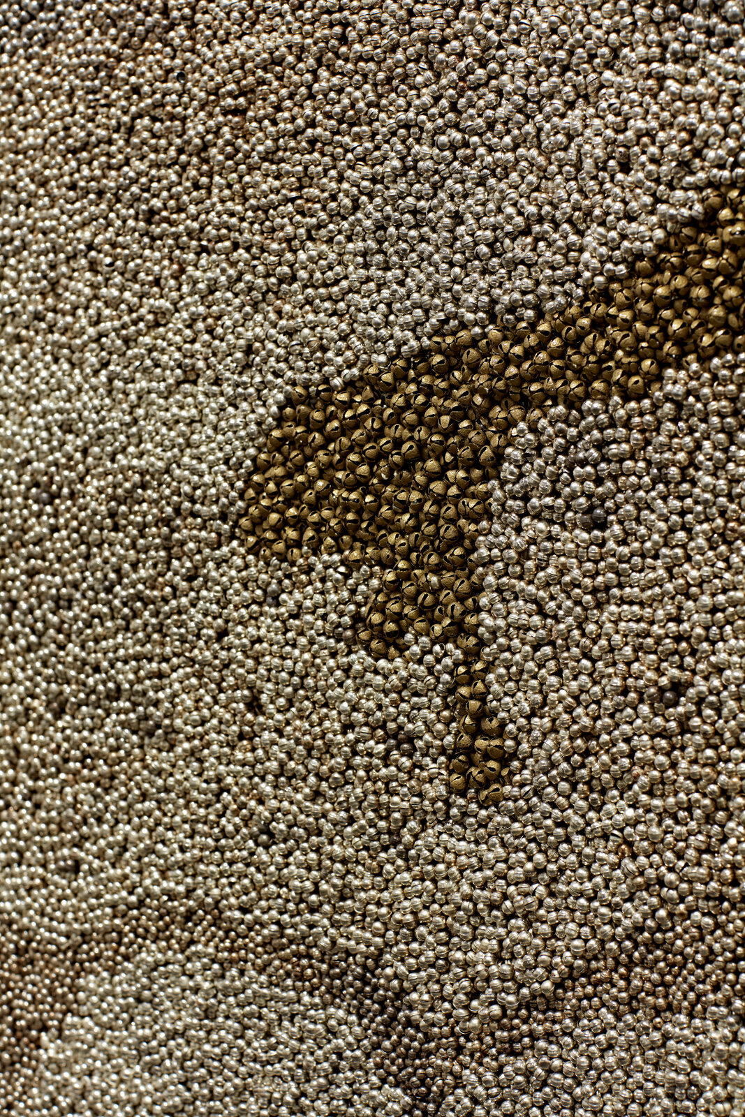 Artwork by Vibha Galhotra, Untitled (Veil), Made of Nickel coated ghungroos, fabric, thread and polyurethane coat 