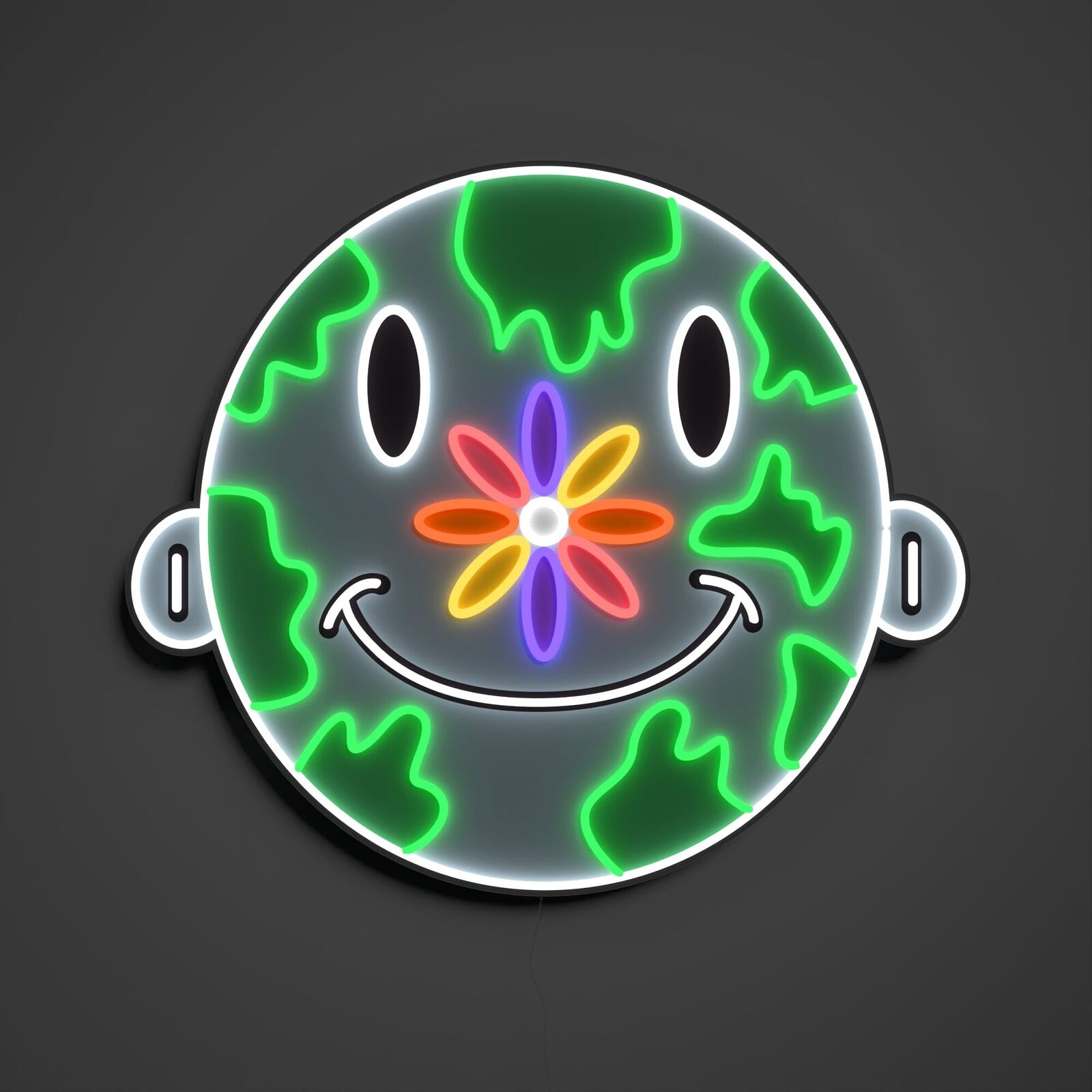 A neon sign with a smiley face and a flower in the middle.