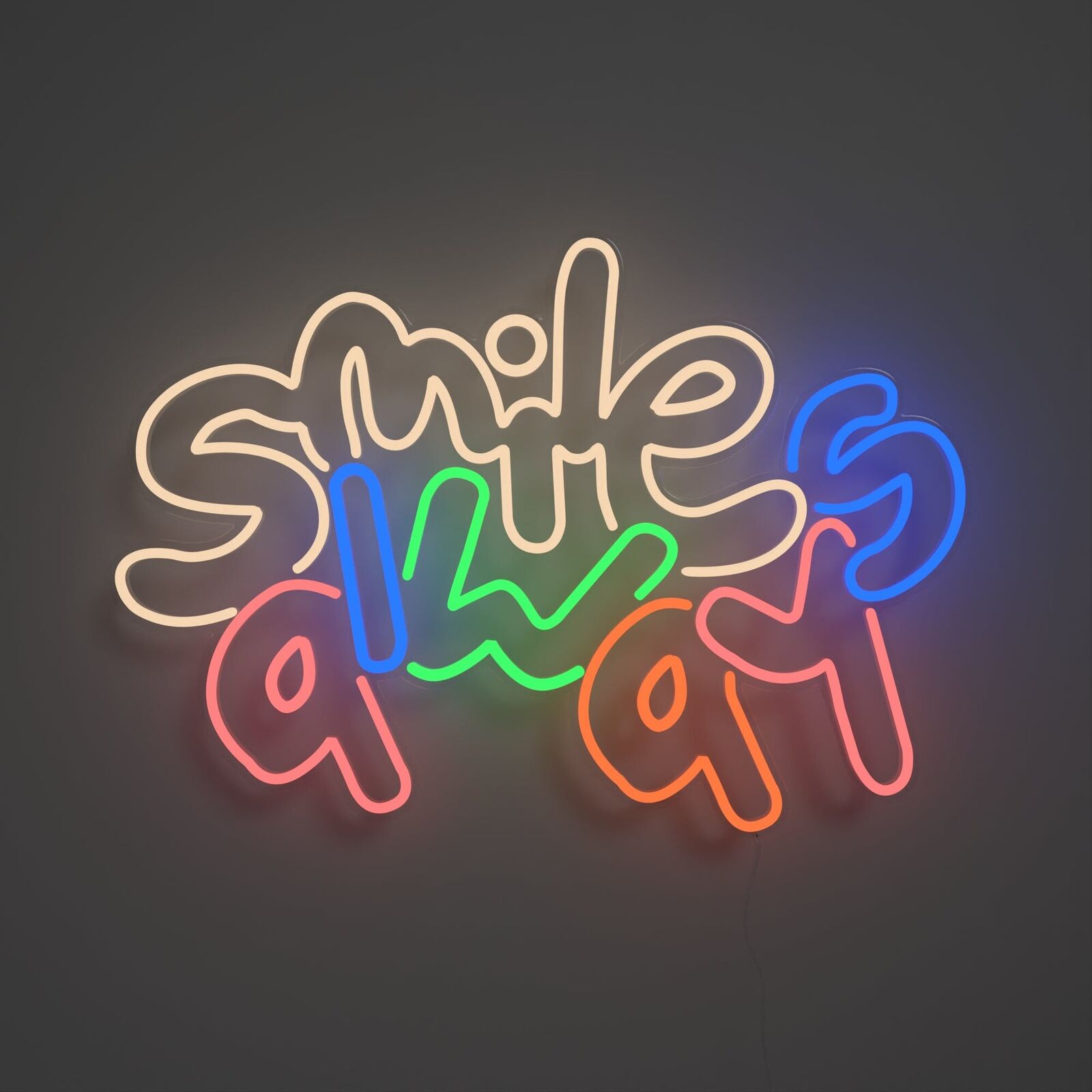 A neon sign that says smile away on a black background.
