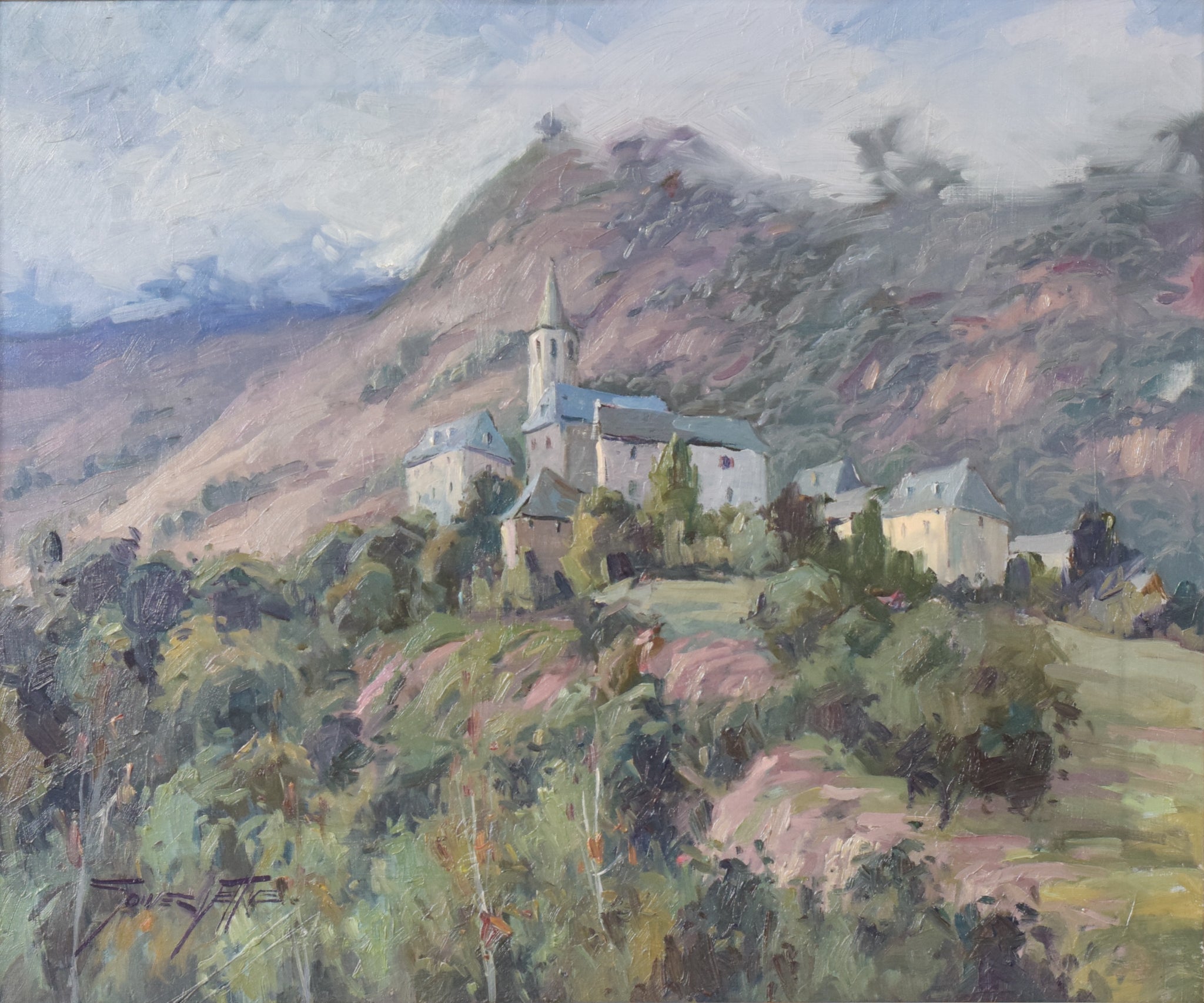 Post Impressionist Village and Mountains