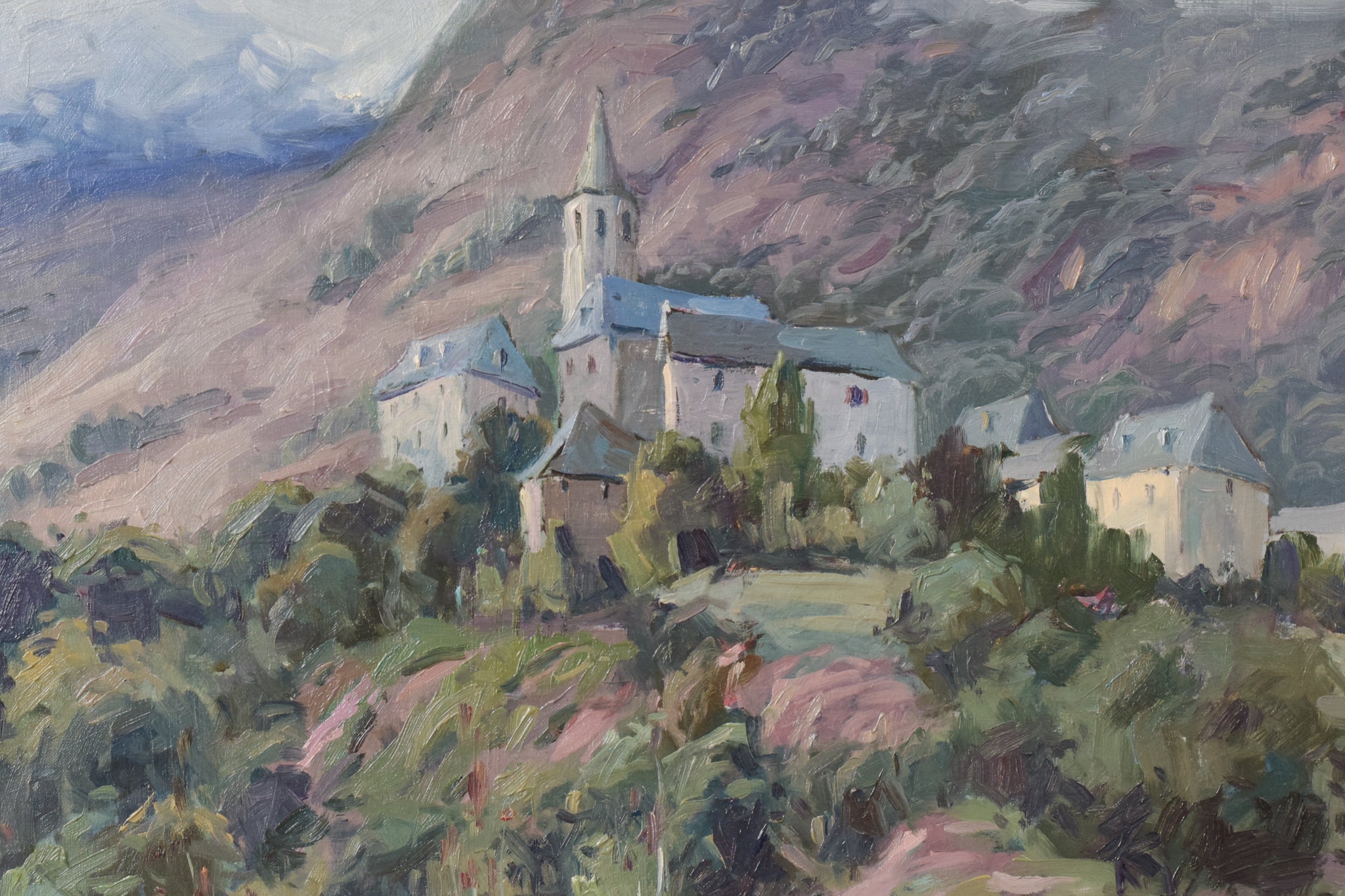 Artwork by Vicente Gómez Fusté, Post Impressionist Village and Mountains, Made of Oil on canvas 