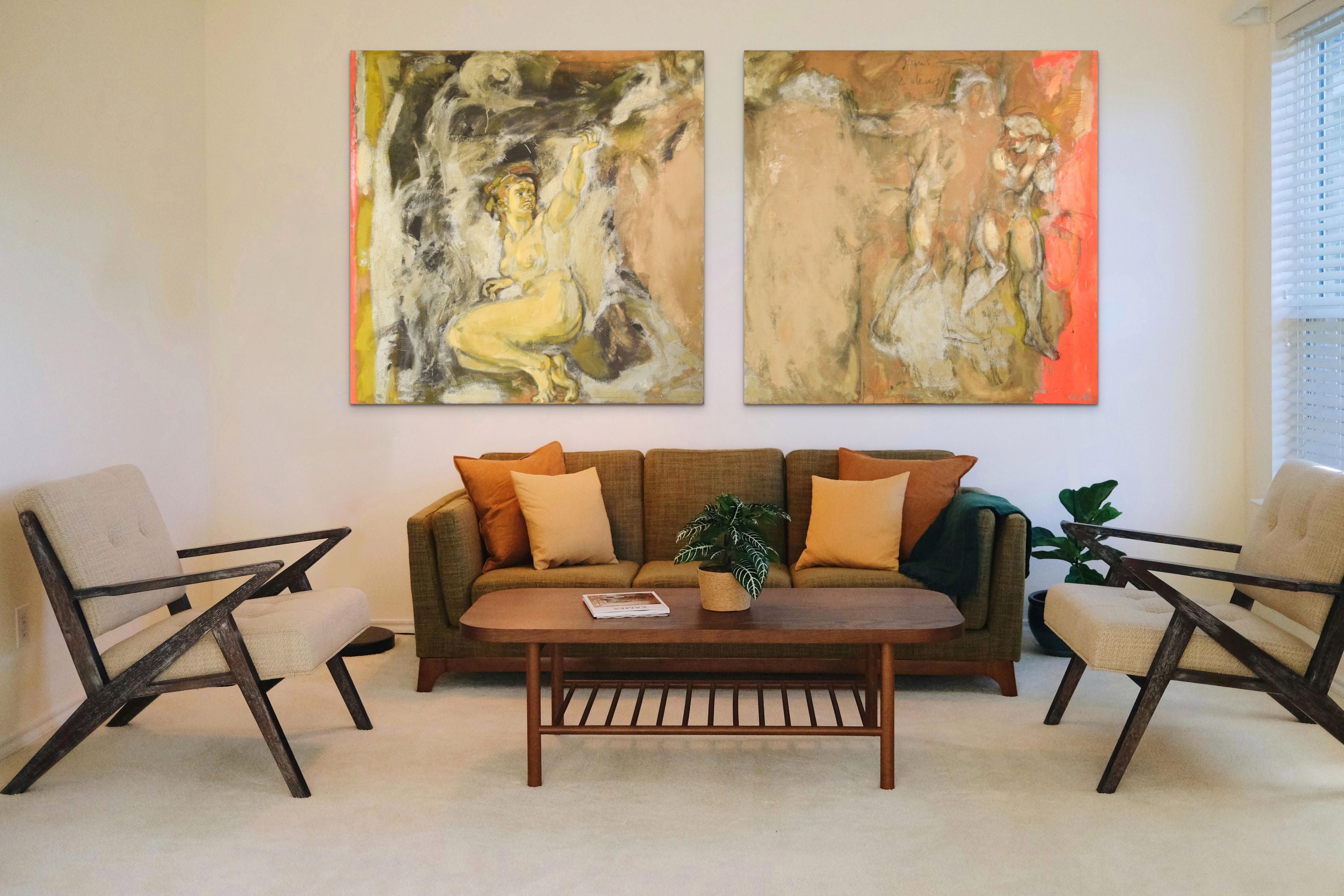 A painting of two paintings of a woman and a man in a cave.