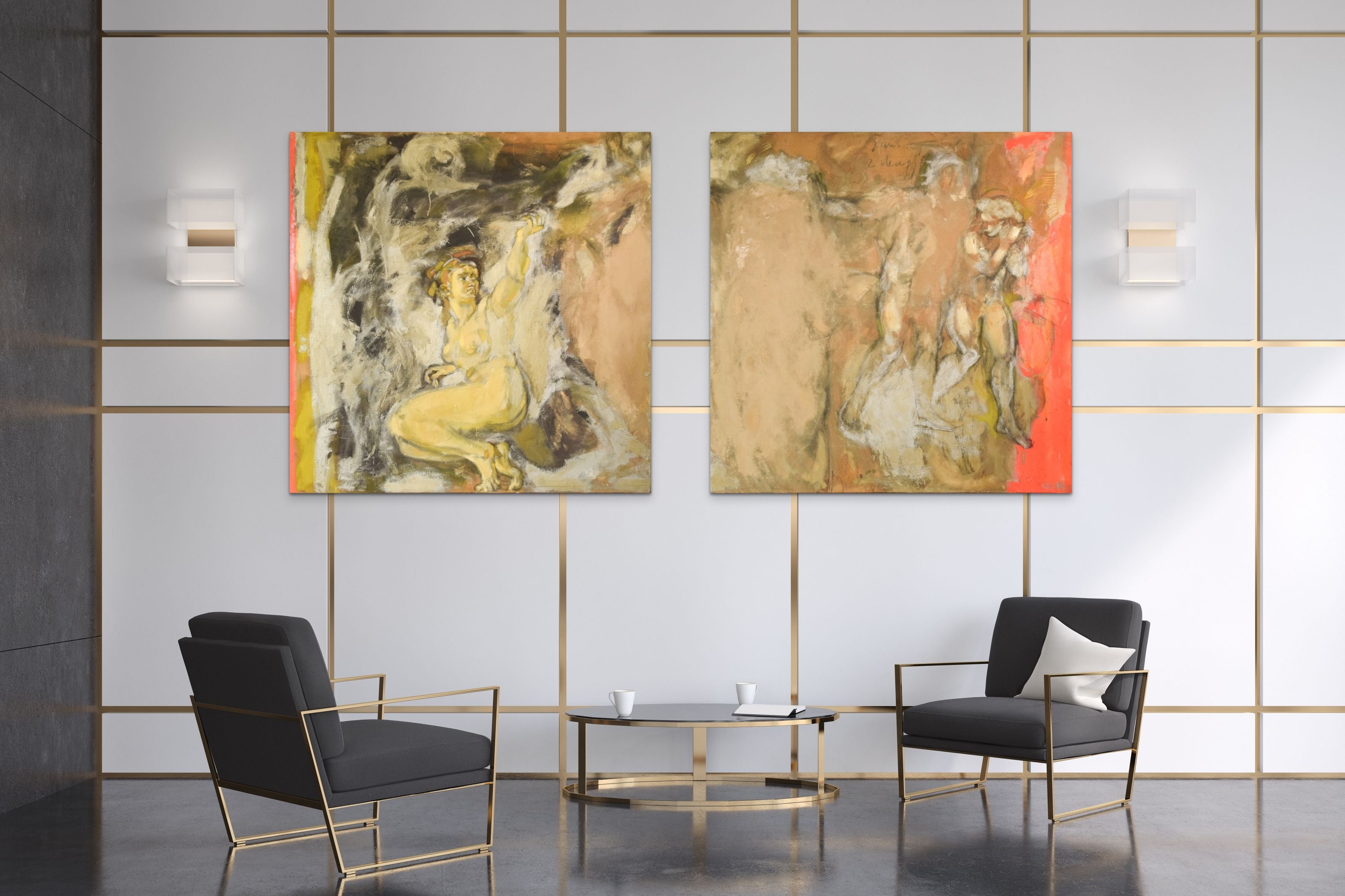 A painting of two paintings of a woman and a man in a cave.