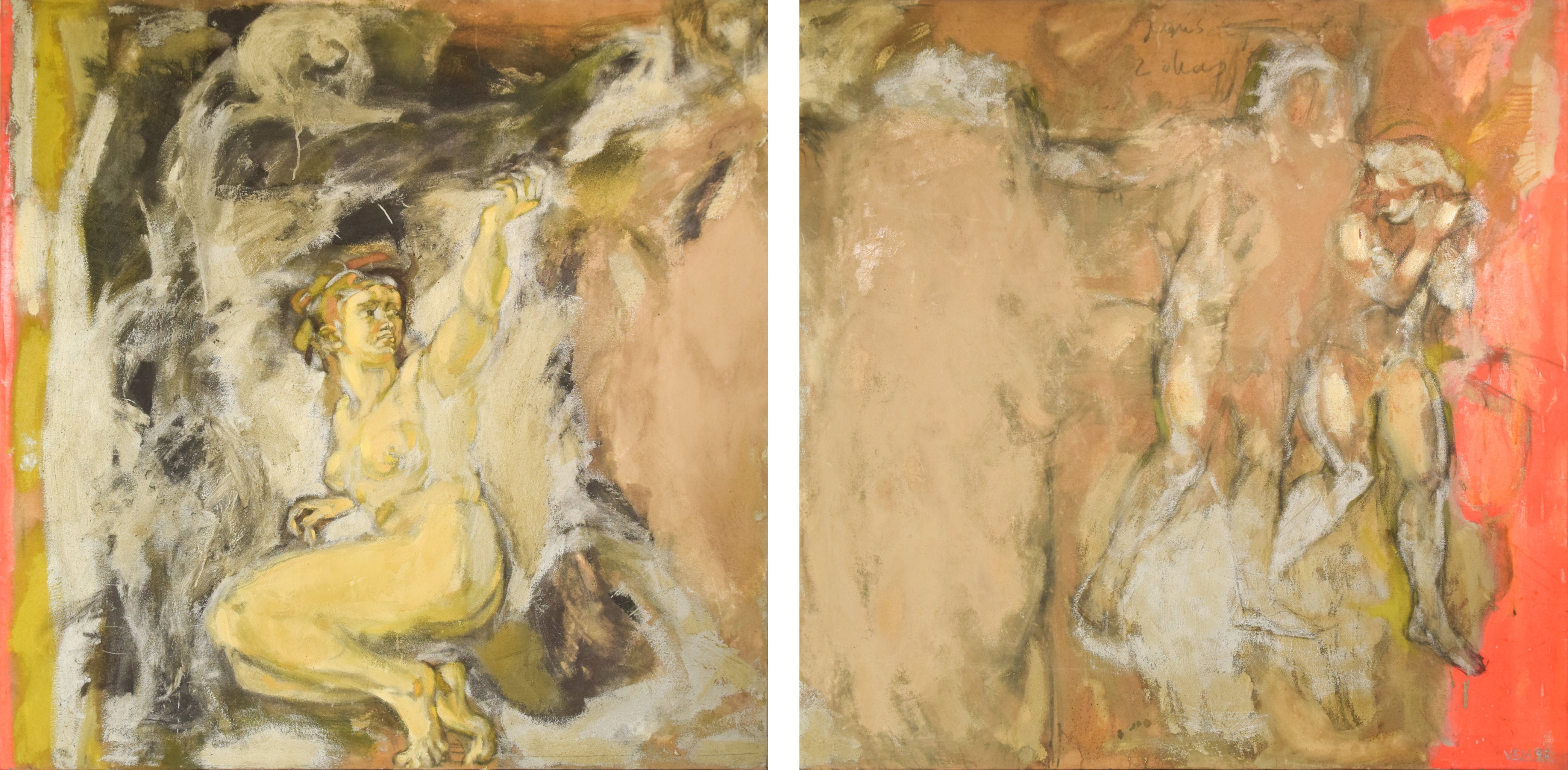 A painting of two paintings of a woman and a man in a cave.