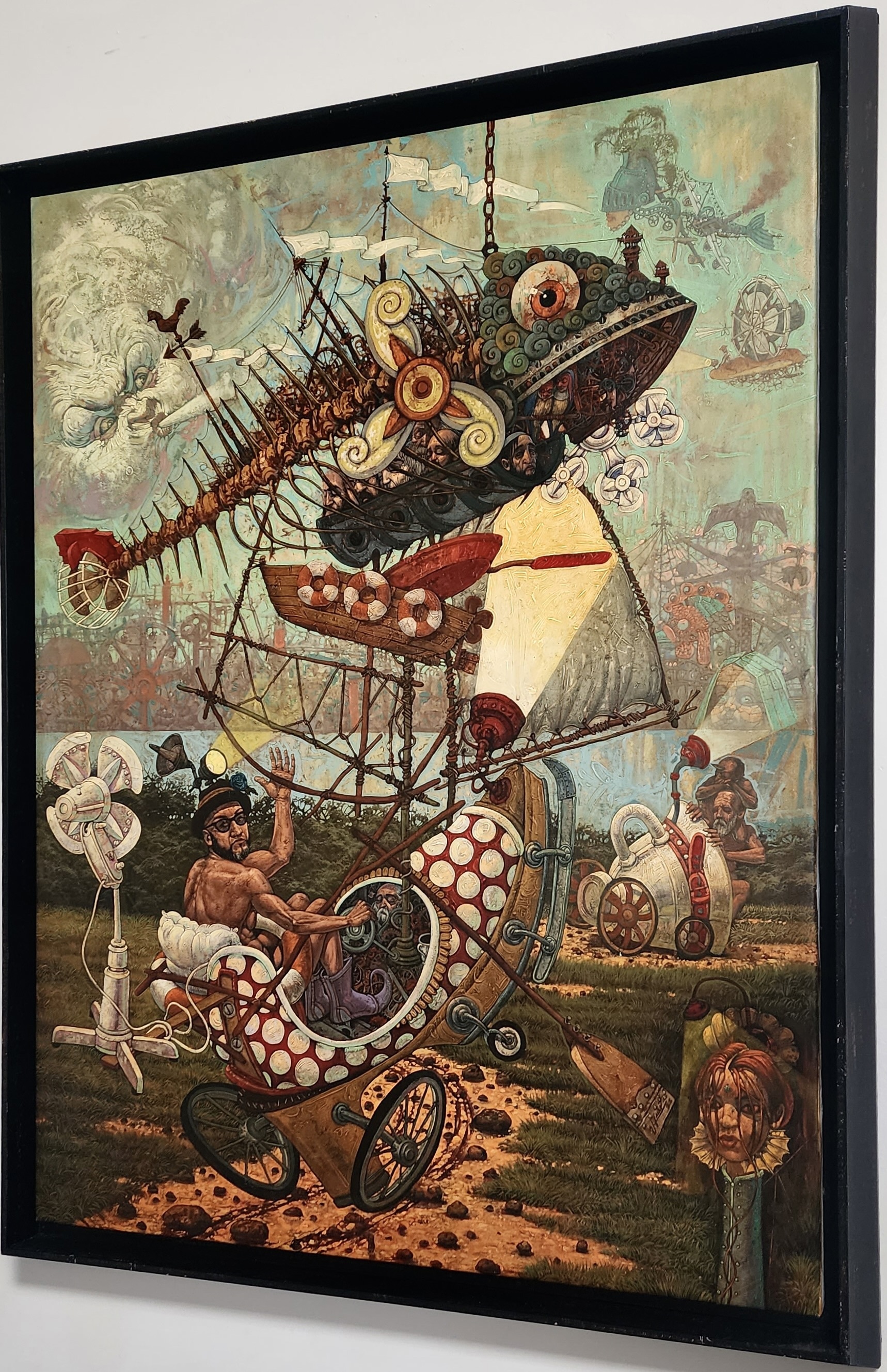 A painting of a man sitting in a cart with a large fish on it.