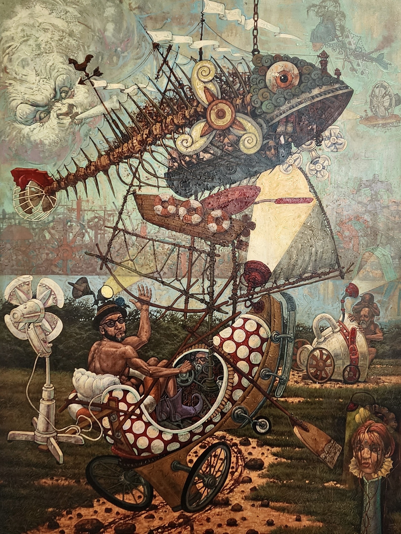 A painting of a man sitting in a cart with a large fish on it.