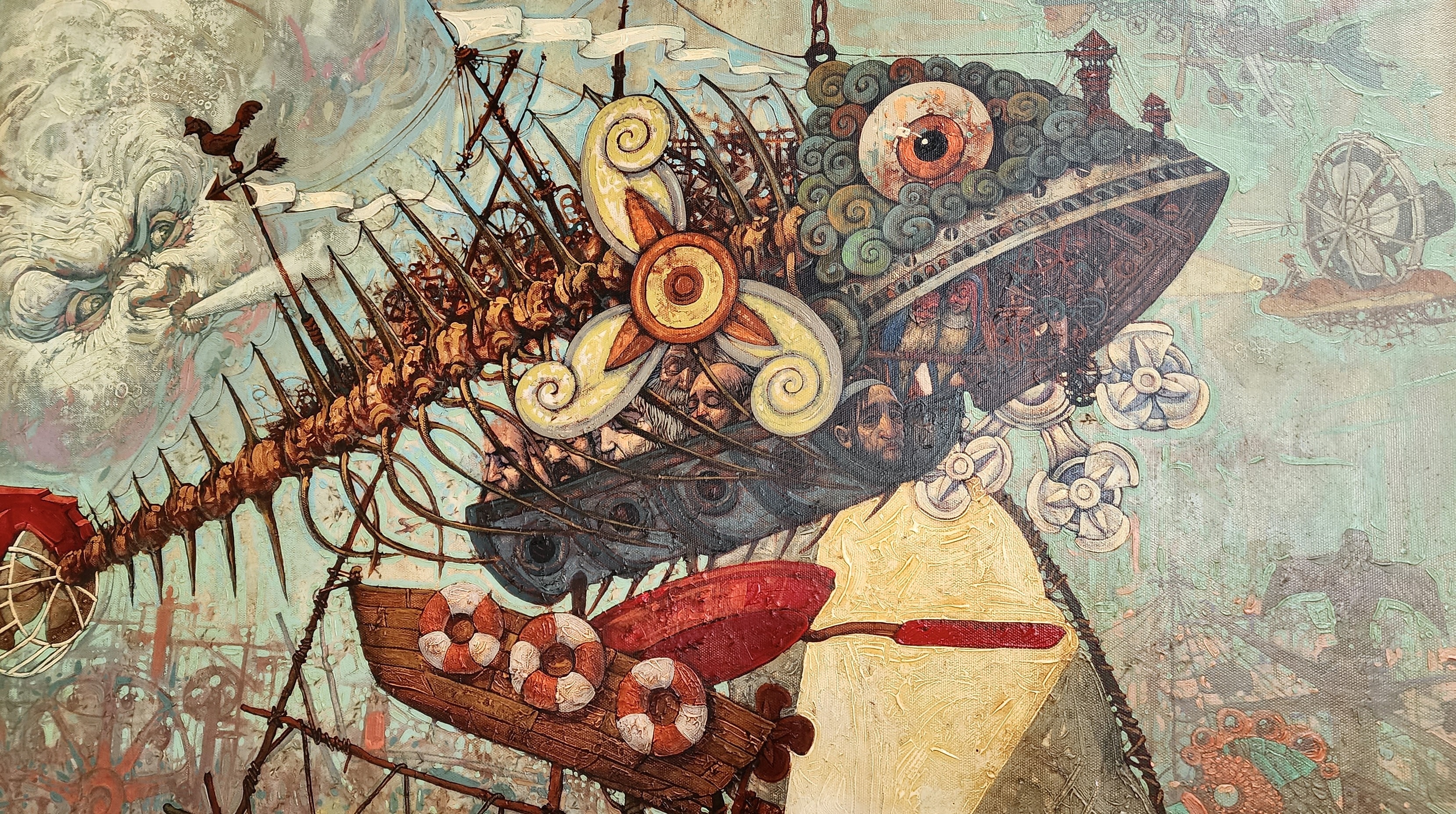 A painting of a man sitting in a cart with a large fish on it.
