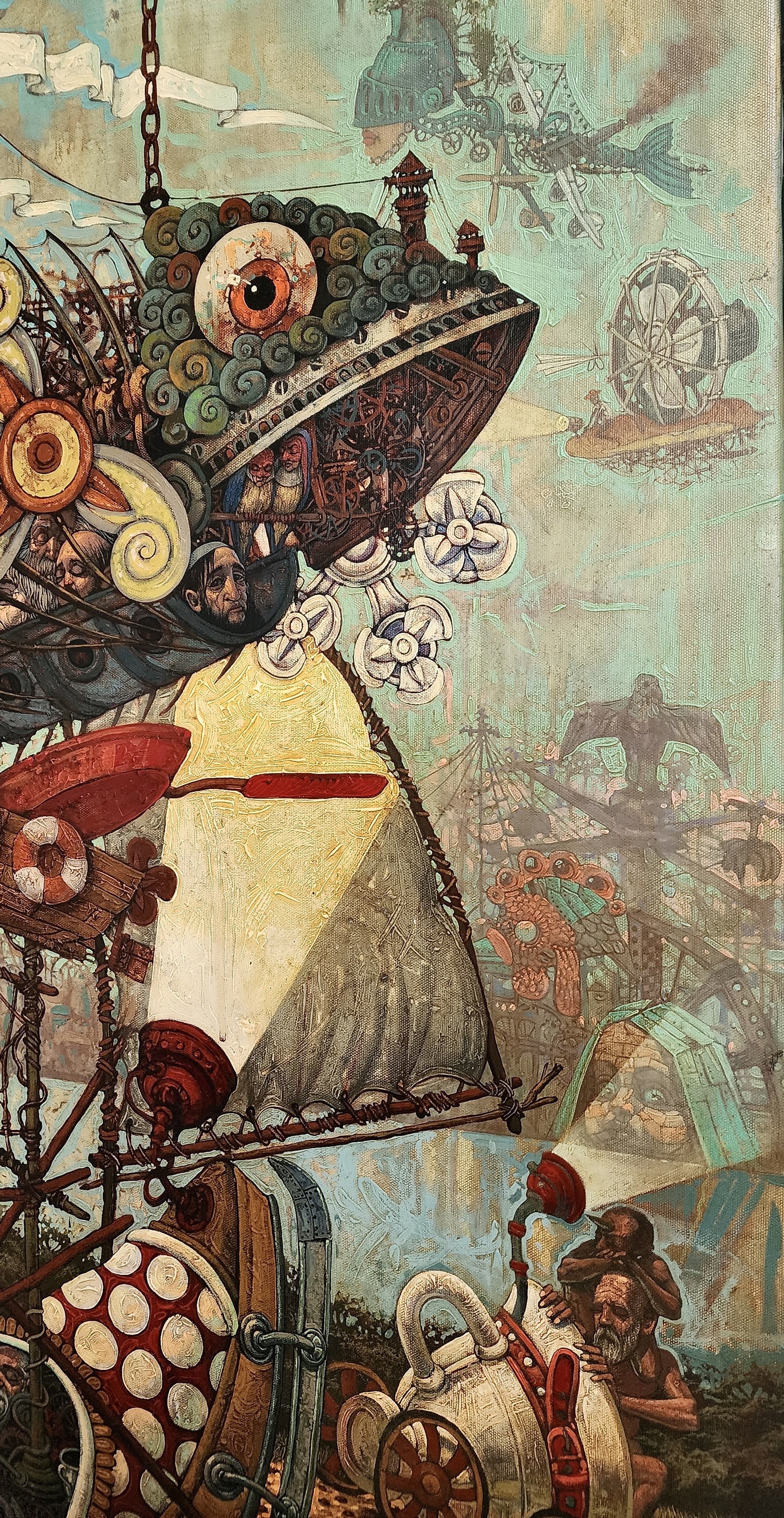 A painting of a man sitting in a cart with a large fish on it.