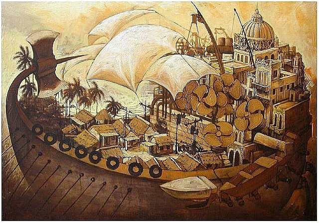 A painting of a ship in the middle of a city.