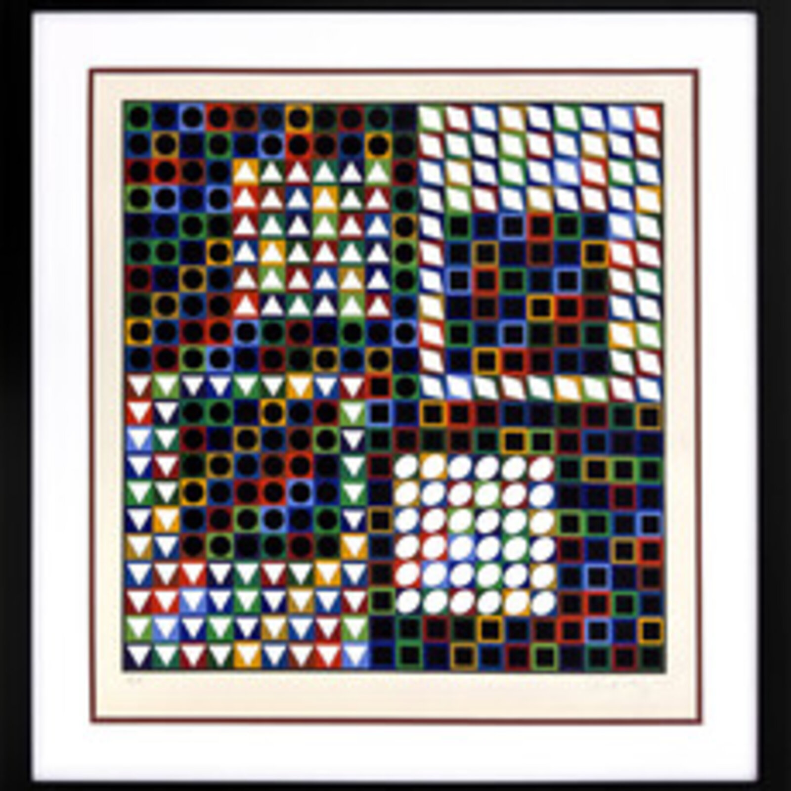 A geometric grid artwork featuring a shifting pattern of shapes and colors.