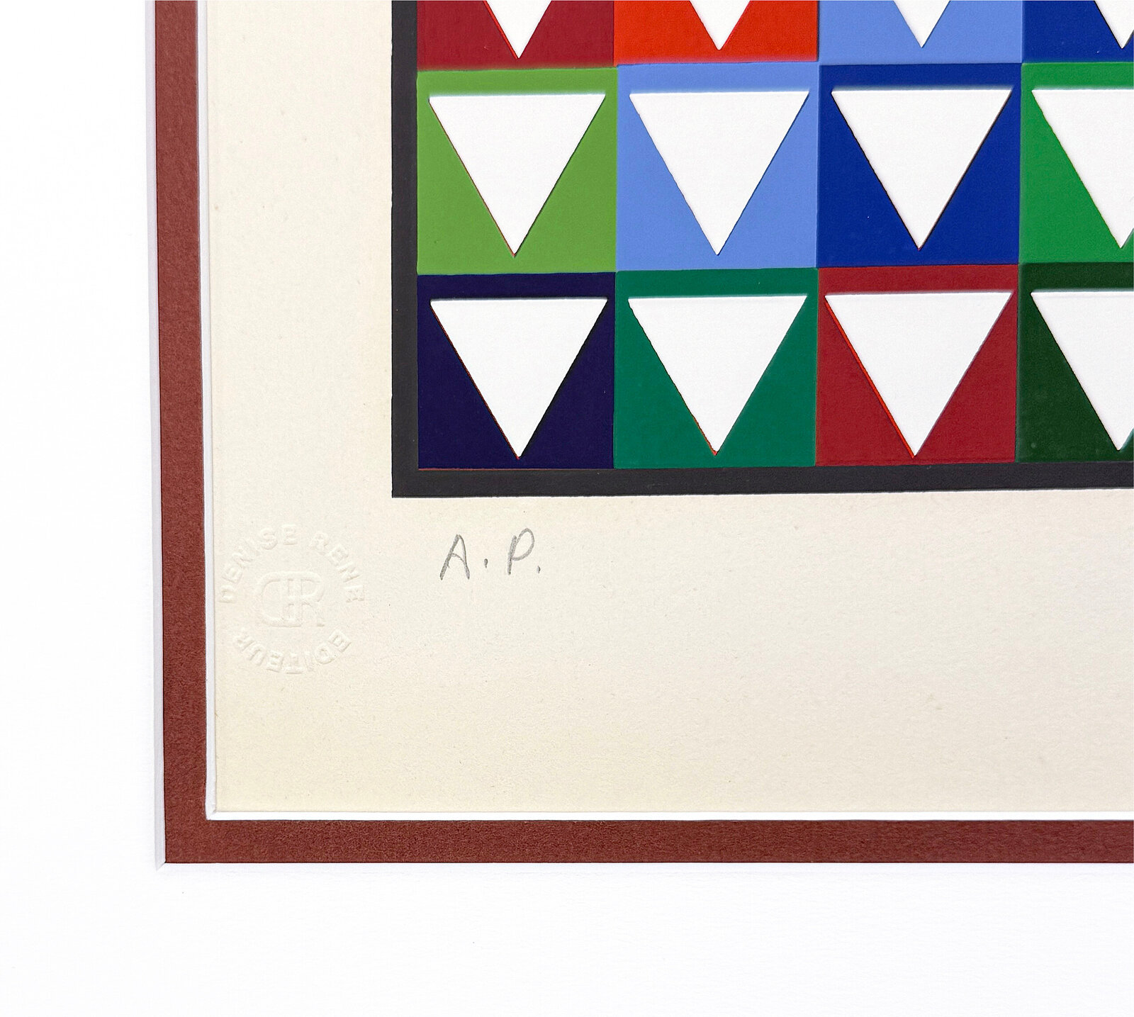 A geometric grid artwork featuring a shifting pattern of shapes and colors.