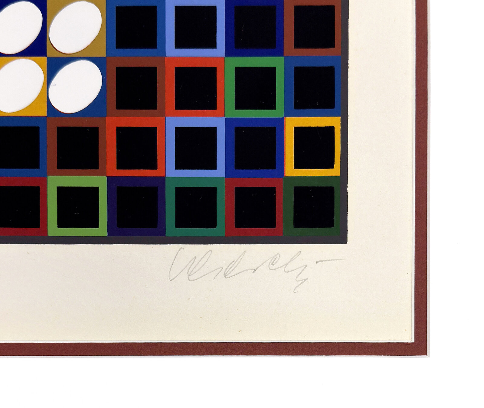 A geometric grid artwork featuring a shifting pattern of shapes and colors.