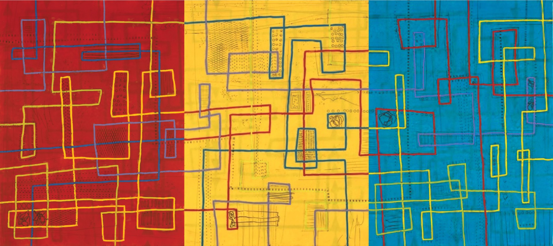 A tripartite abstract composition featuring a grid of geometric shapes and lines across three distinct color fields.