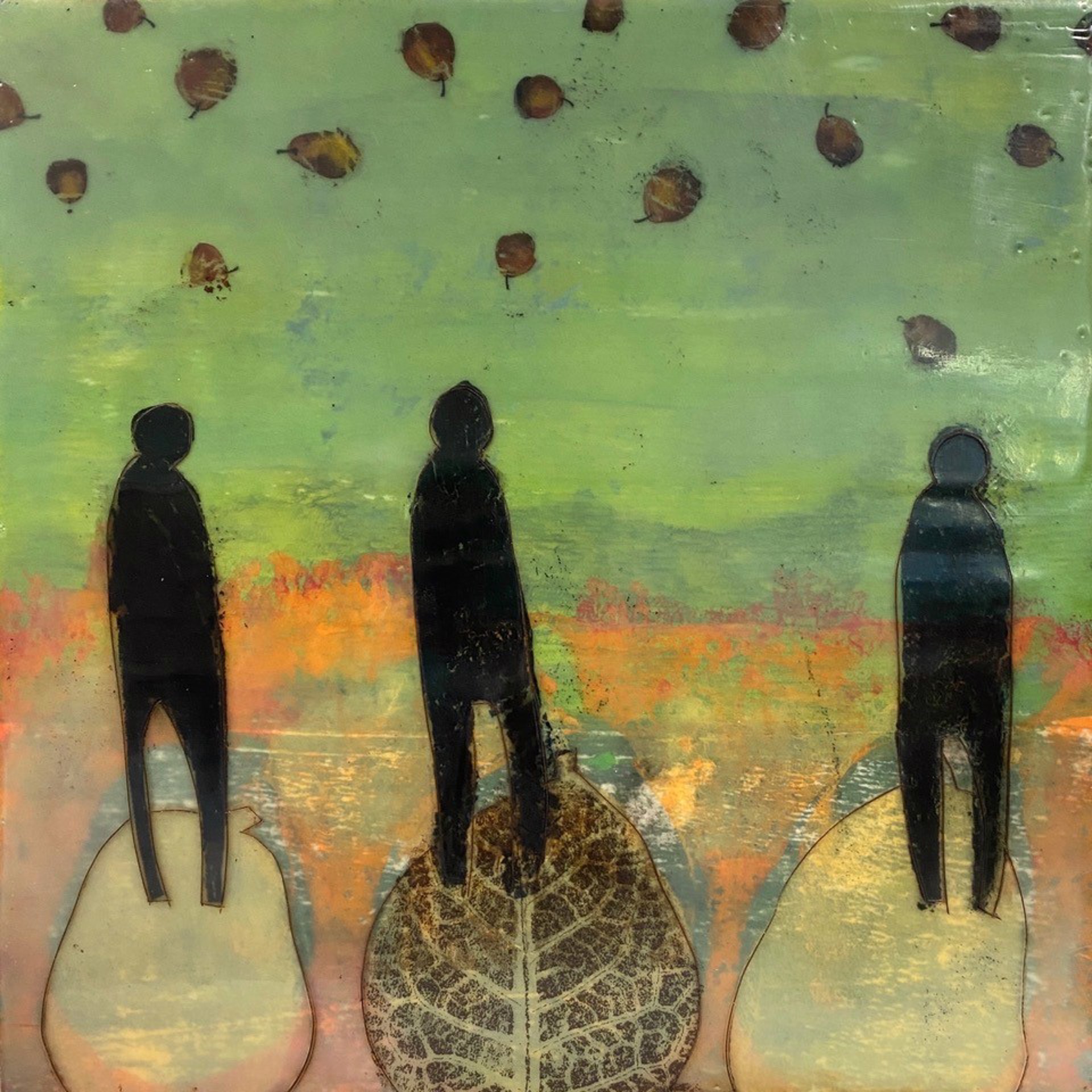 A painting of three people standing on top of a leaf.