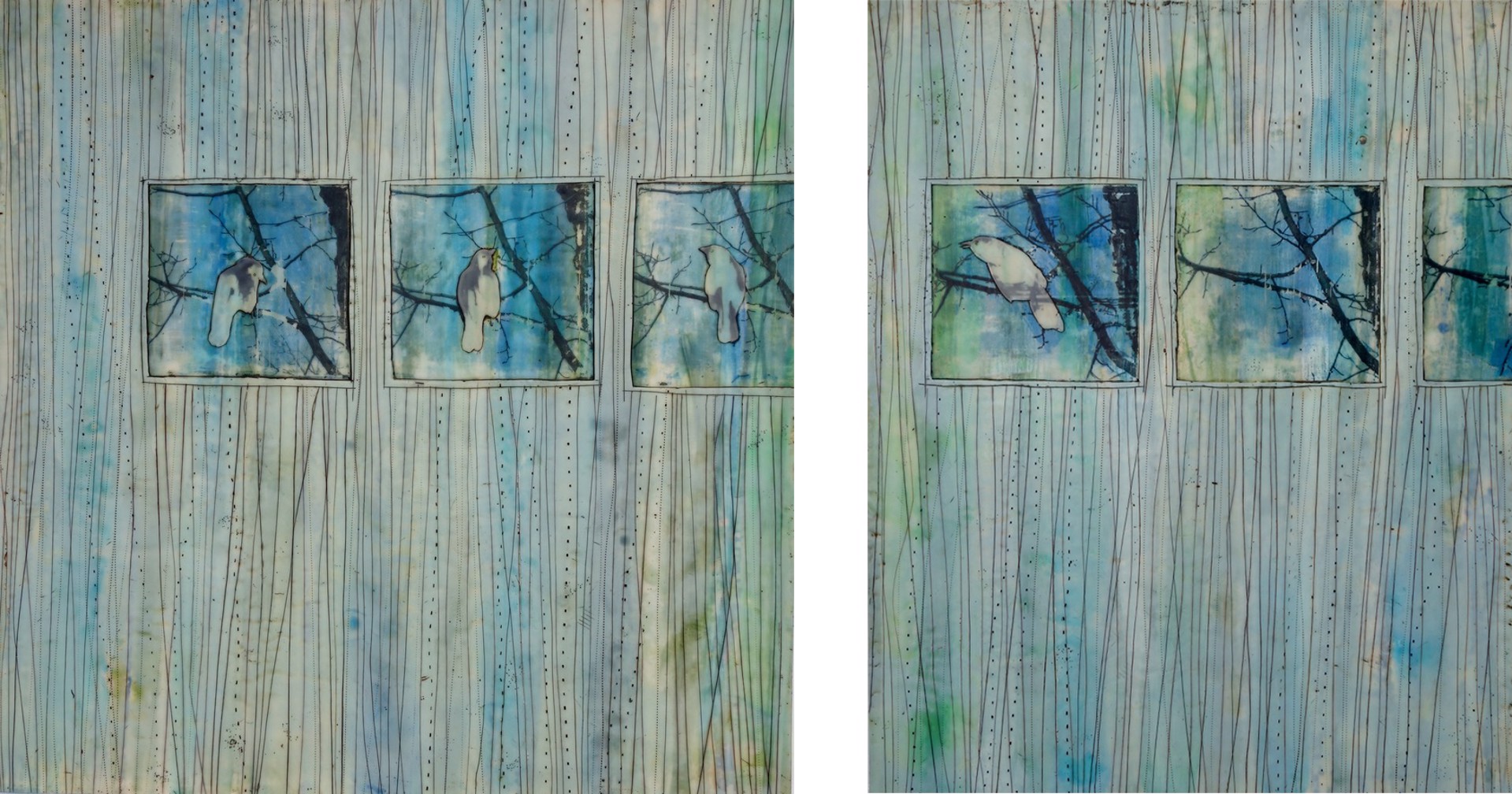 A mixed-media artwork featuring three framed birds perched on branches against a textured, vertical-lined background.