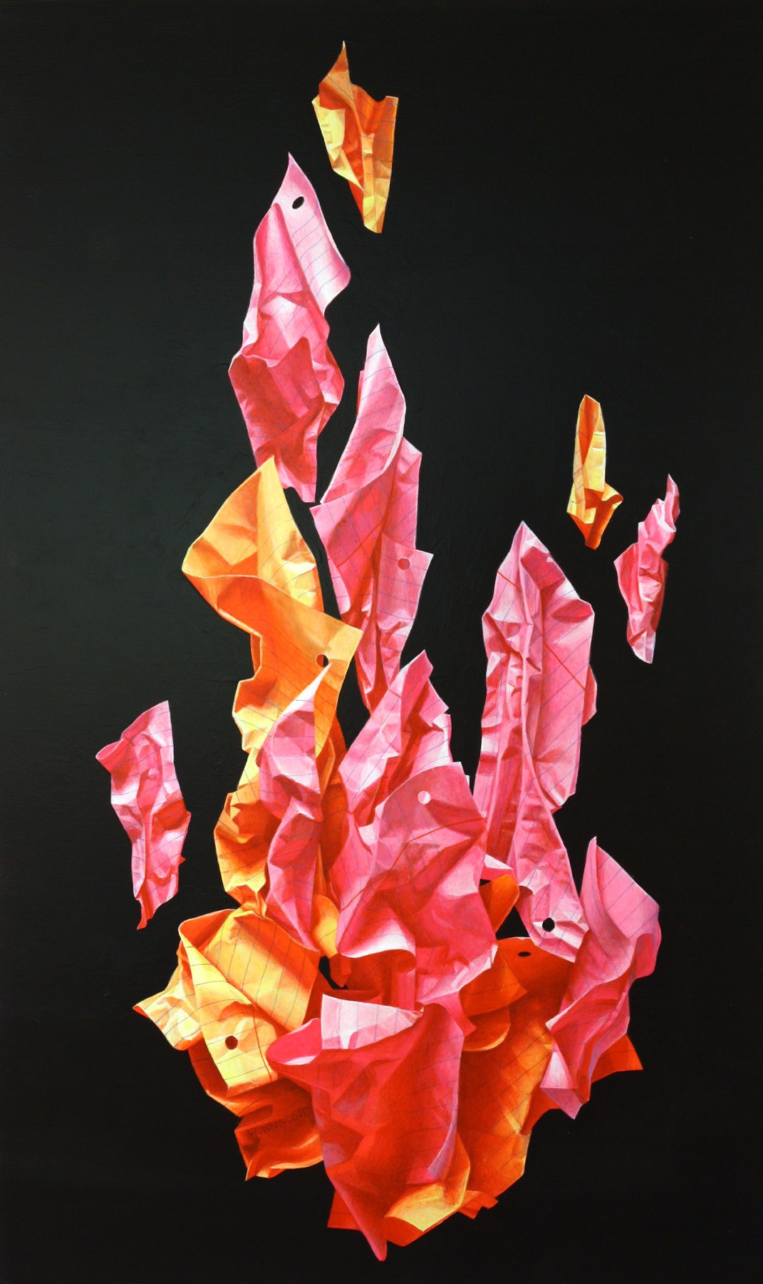 A painting of a bunch of red and orange paper pieces on a black background.