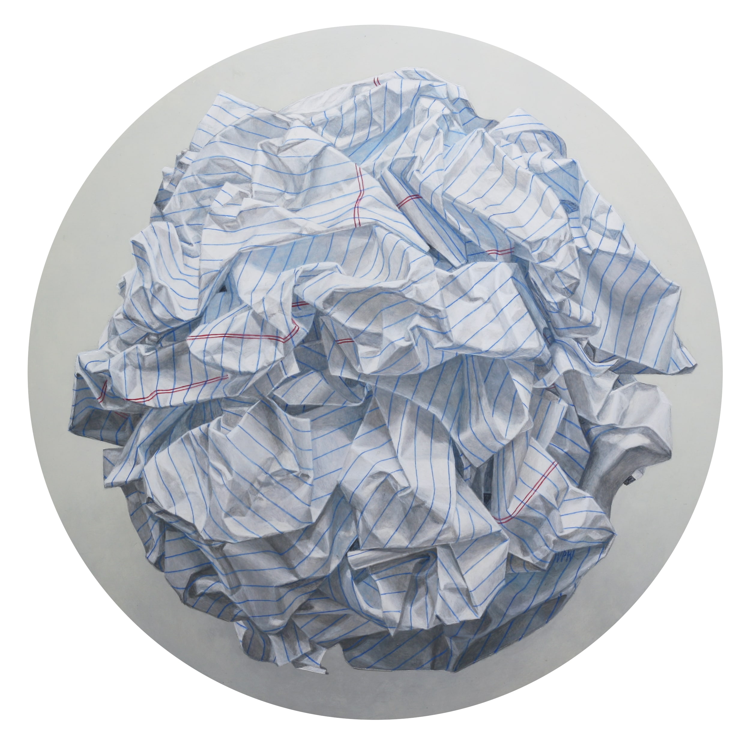 A drawing of a ball of crumpled paper on a white background.